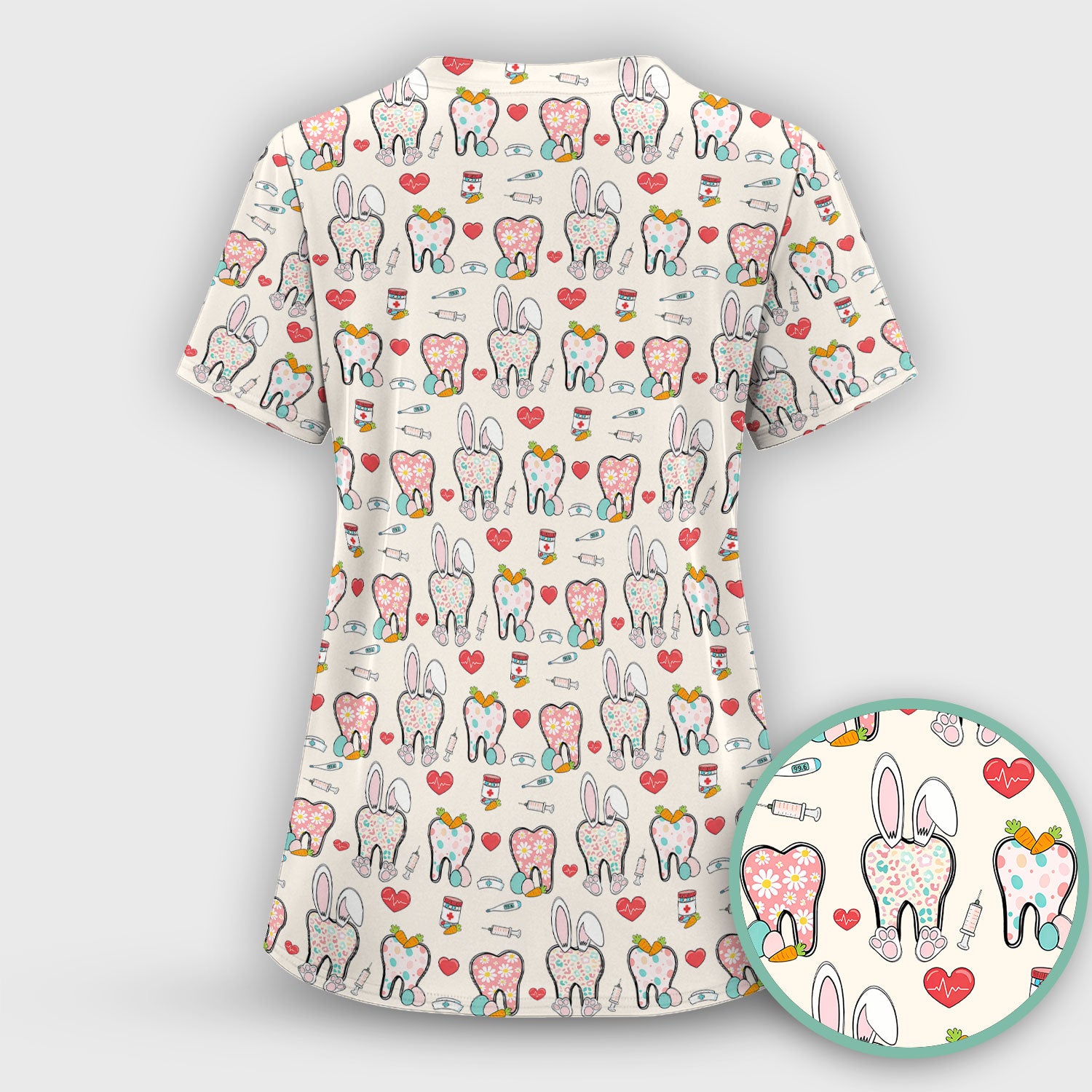 Playful Bunny Dentist Illustration Medical Scrub Top, Comfortable Scrubs for Nurses, Easter