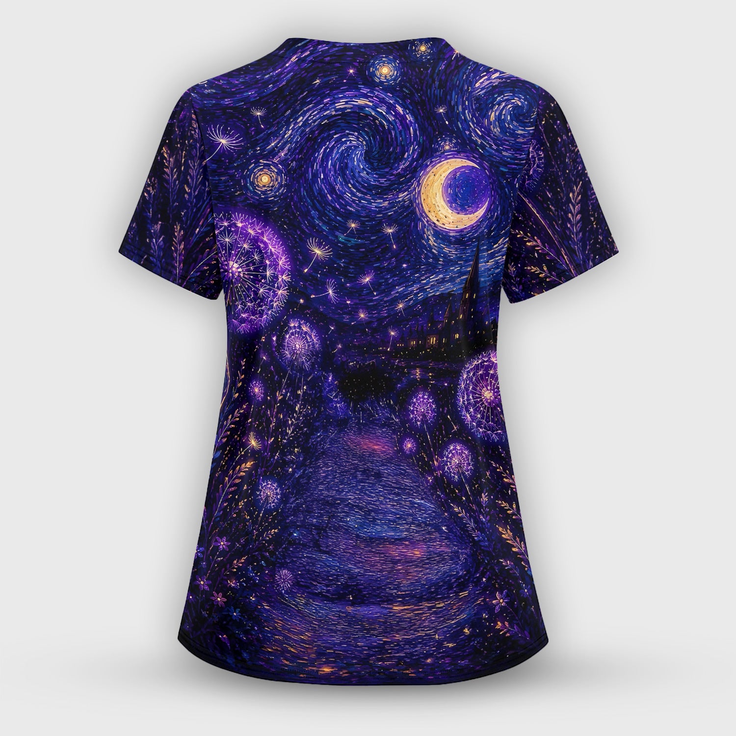Mystical Black Cat Starry Night Print Scrub Top, Comfortable Scrubs for Nurses