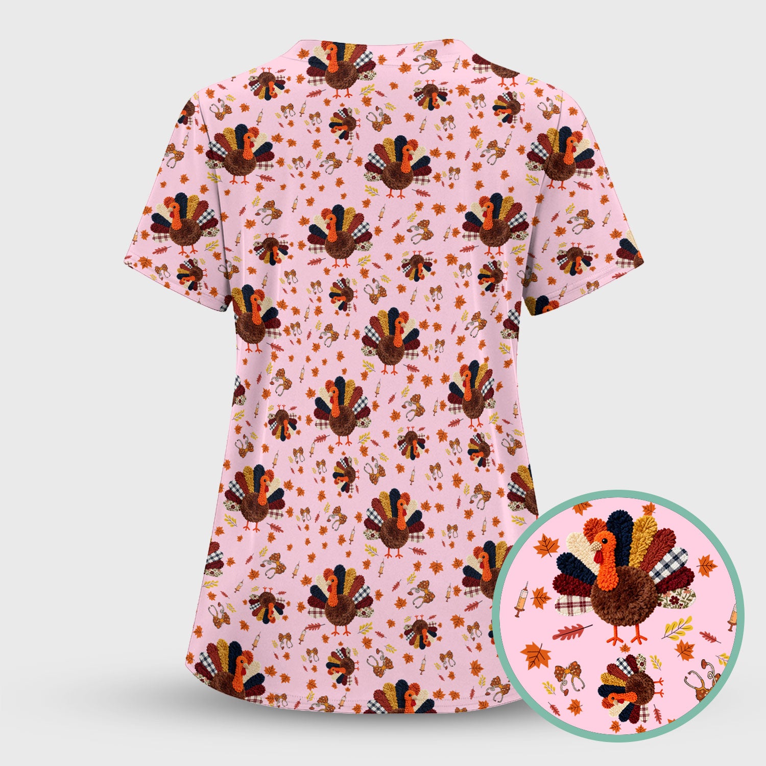 Funny Thanksgiving Nurse Scrub Top - Fall Leaves and Pumpkin Shirt - Autumn Turkey Med Uniform Gift for RN CNA LPN