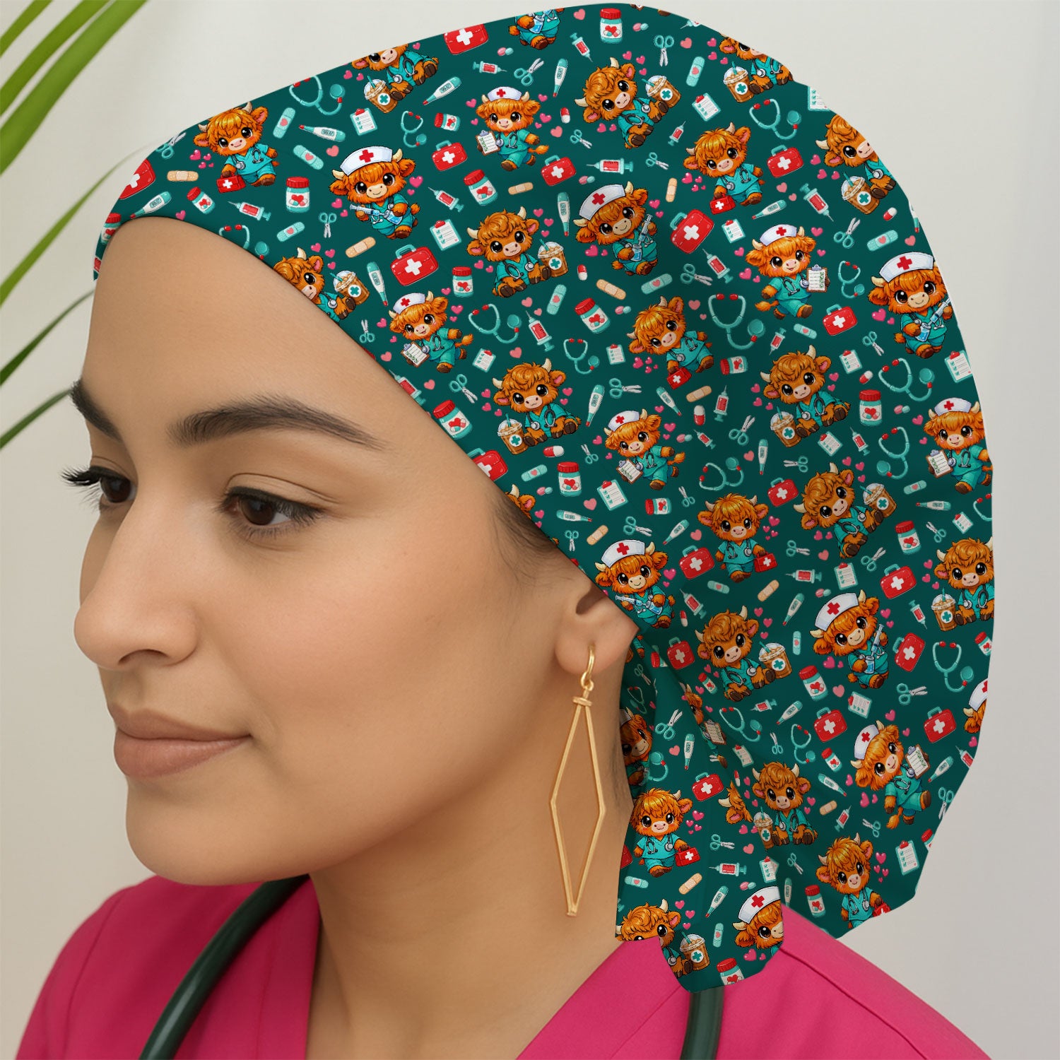 Cute Highland Cow Nurse Scrub Cap, Kawaii Medical Pattern Hat, Breathable Fabrics Nursing Uniform
