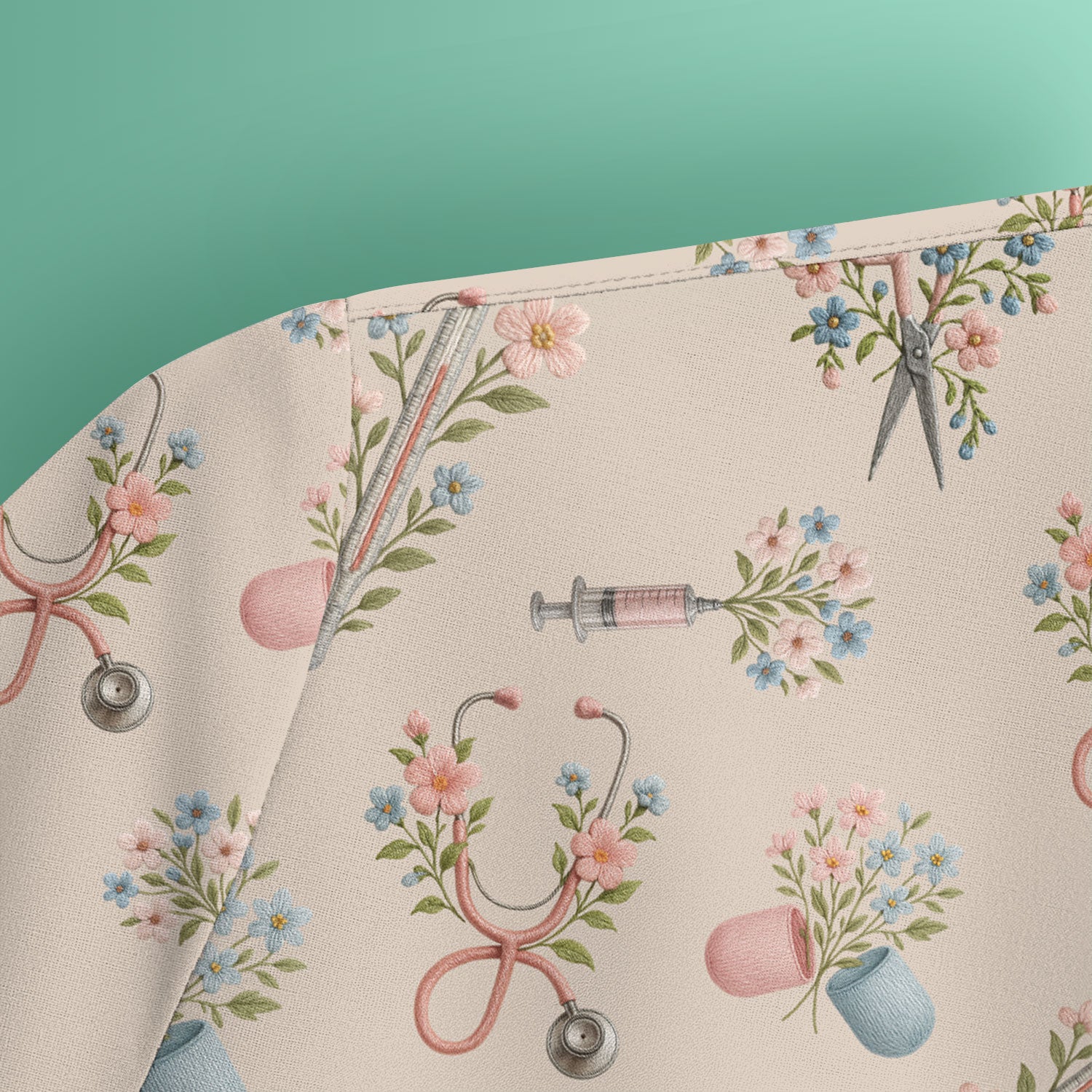 Floral Medical Scrub Top, Elegant Stethoscope With Flower Nursing Shirt, Breathable Fabrics Nurse Uniform