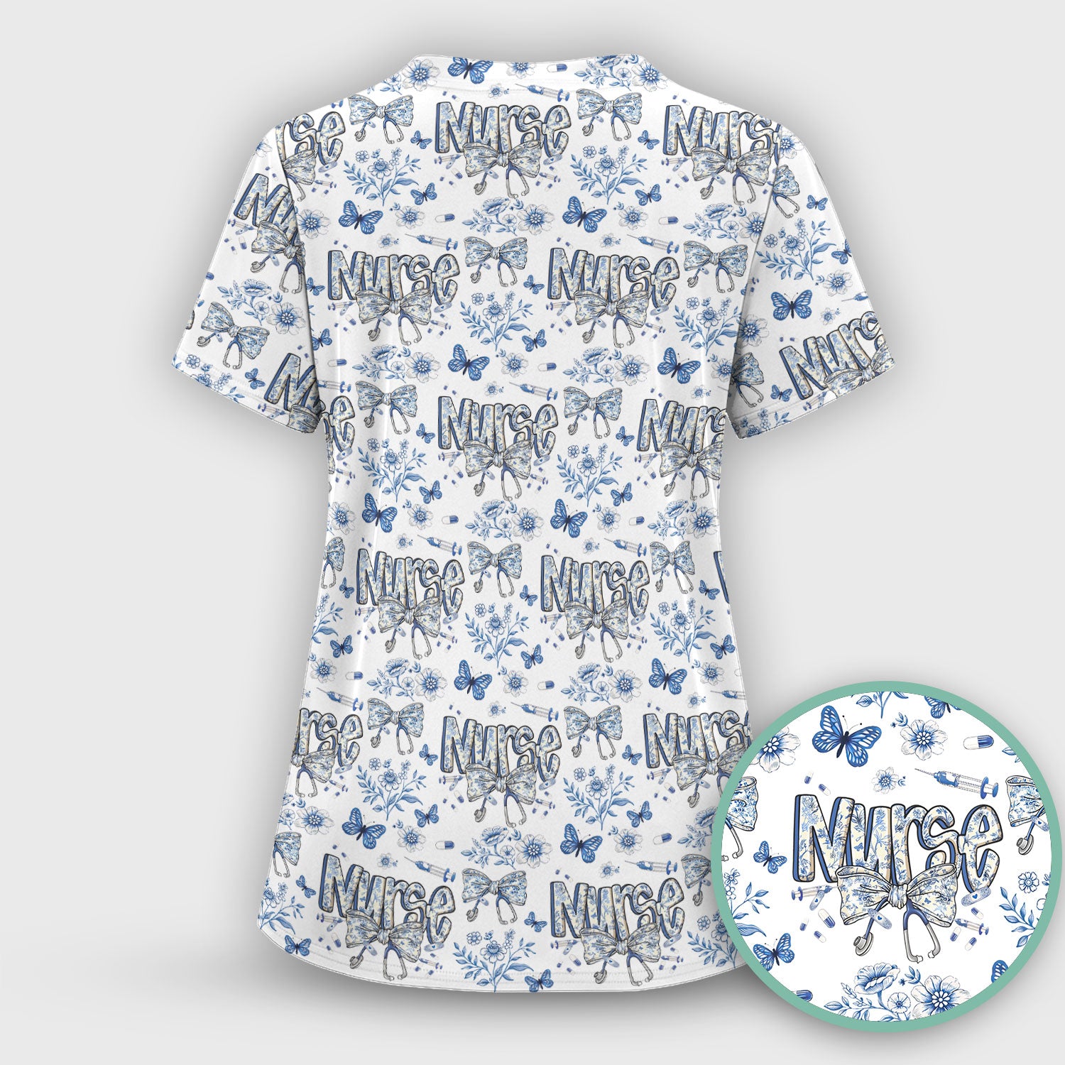 Blue Nurse Letter Bow Butterfly Floral Print Scrub Top, Comfortable Scrubs for Nurses