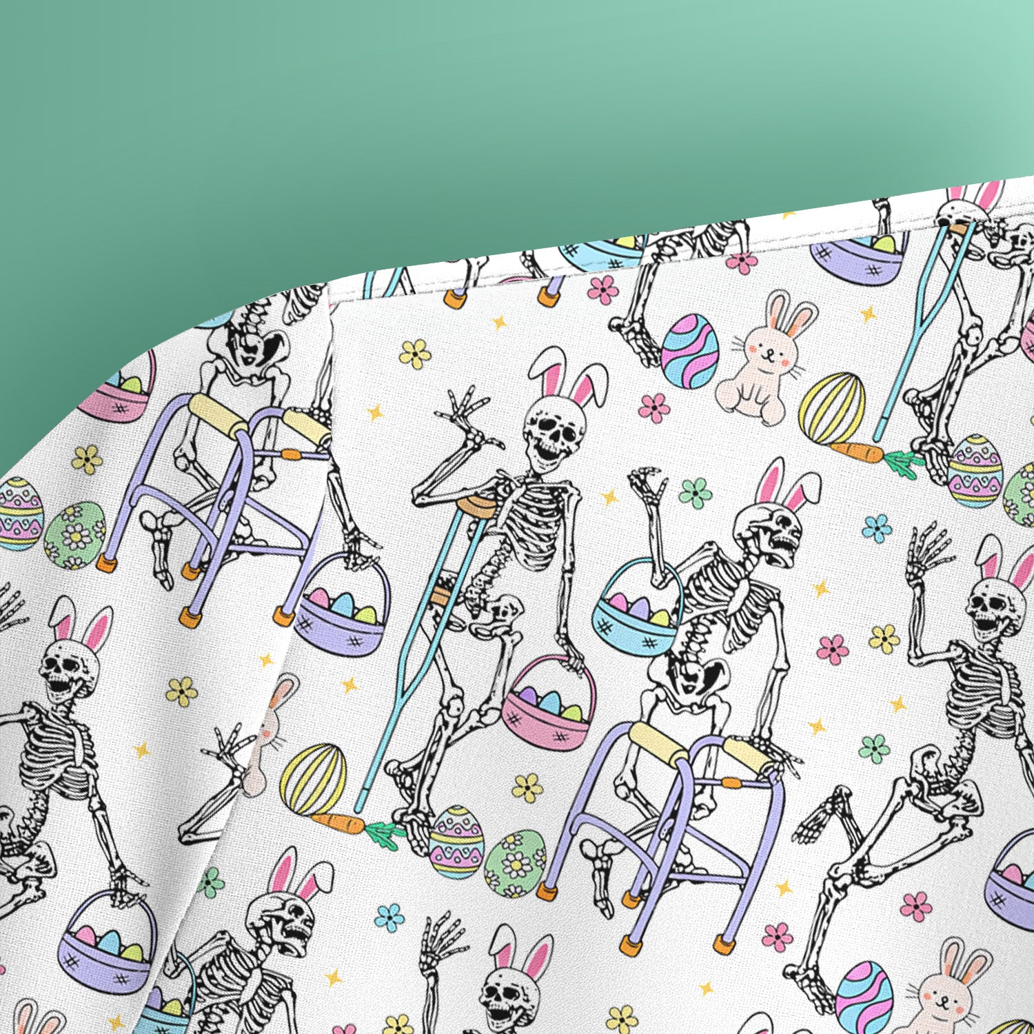 Fun Skeleton Bunny Easter Print Scrub Top, Comfortable Scrubs for Nurses