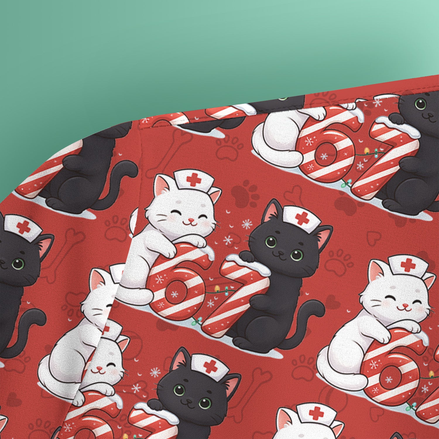 Xmas Cat Pattern Scrub Top, Christmas Nurse Six Seven With Cat Scrub Shirt, Breathable Fabrics Nursing Uniform