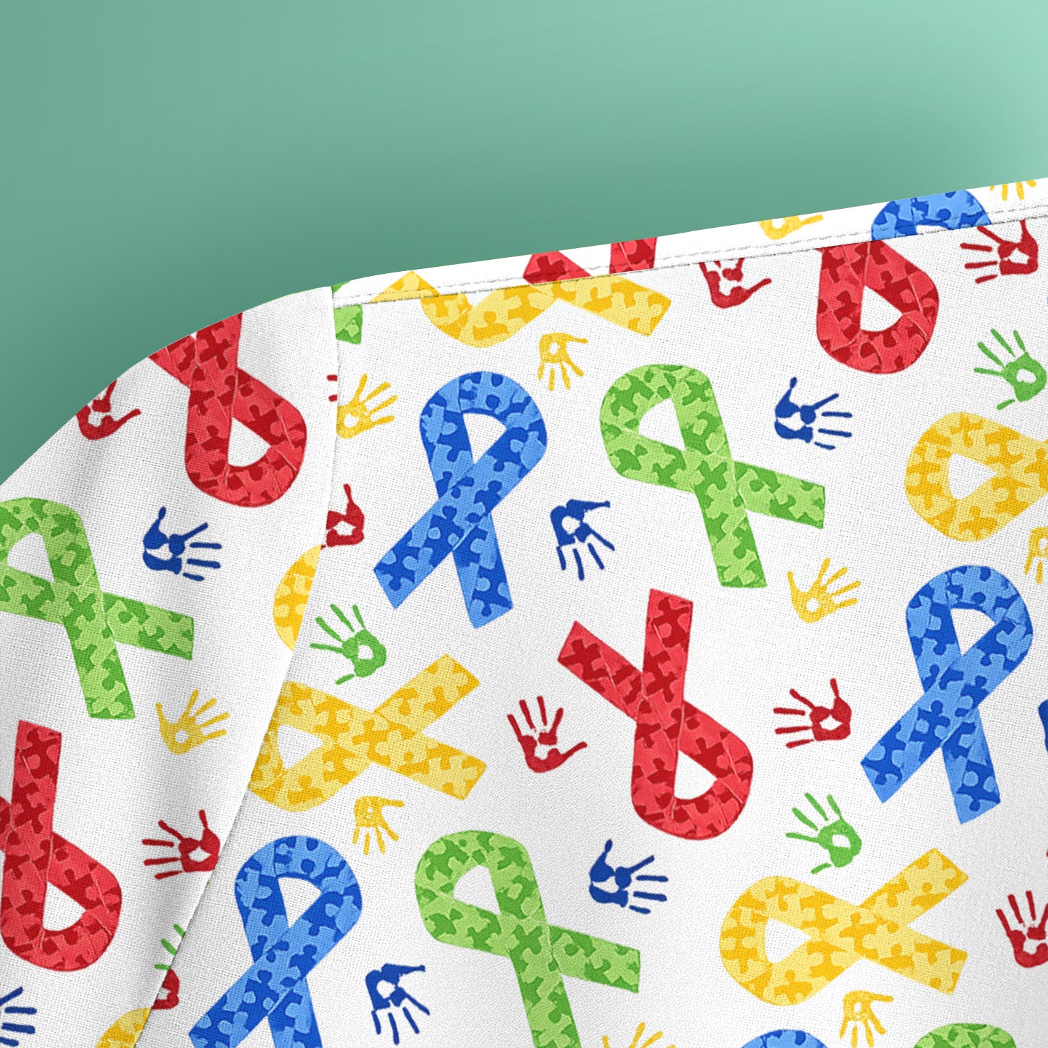 Multicolor Ribbon Pattern Print Scrub Top, Soft & Breathable Nurse Scrubs