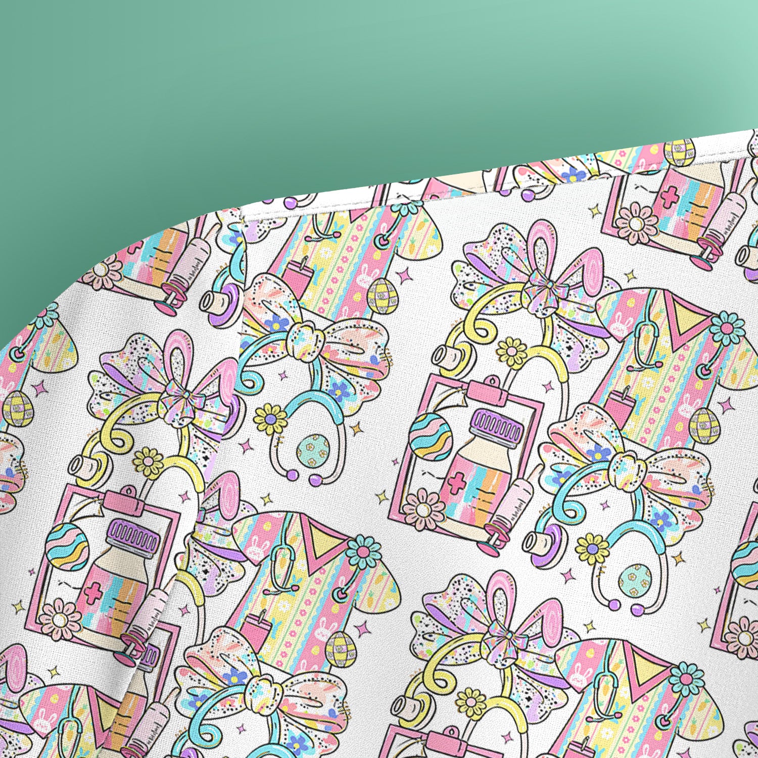 Colorful Nurse Scrub Supplies Pattern Scrub Top, Breathable Fabrics Nursing Uniform