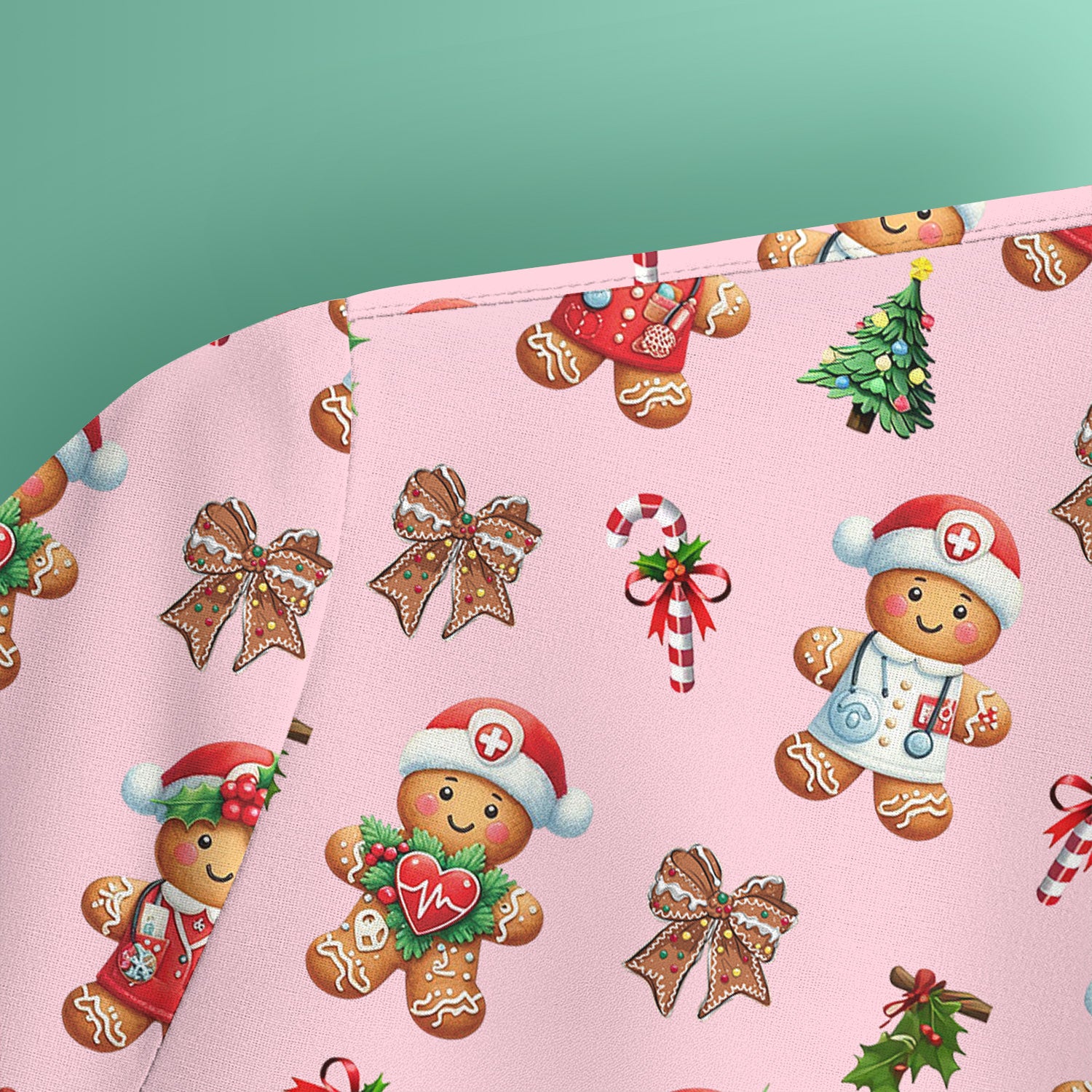 Funny Gingerbread Christmas Scrub Top - Cute Cookie with Bow Shirt - Festive Holiday Scrubs for Women
