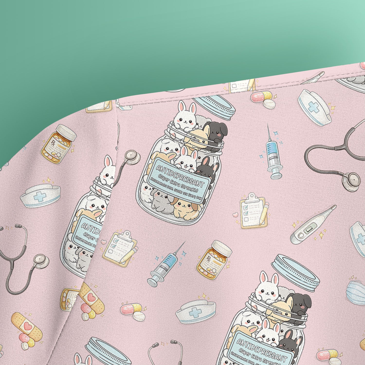 Whimsical Antidepressant Rabbit Jar Design Nurse Scrub Top, Soft & Breathable Workwear