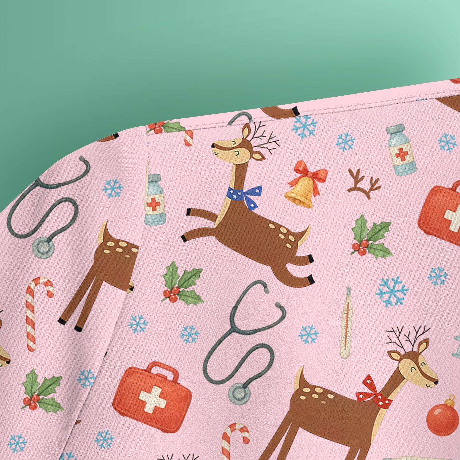 Reindeer Christmas Scrub Top - Snowflakes Candy Canes Holiday Medical Shirt - Xmas Scrubs for Women RN CNA LPN