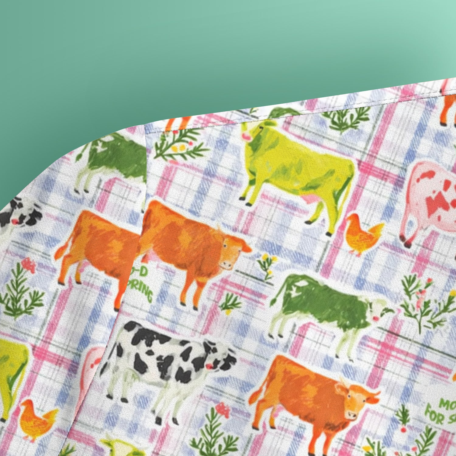Colorful Farm Cow Plaid Print Scrub Top, Cute Country Scrubs for Nurses