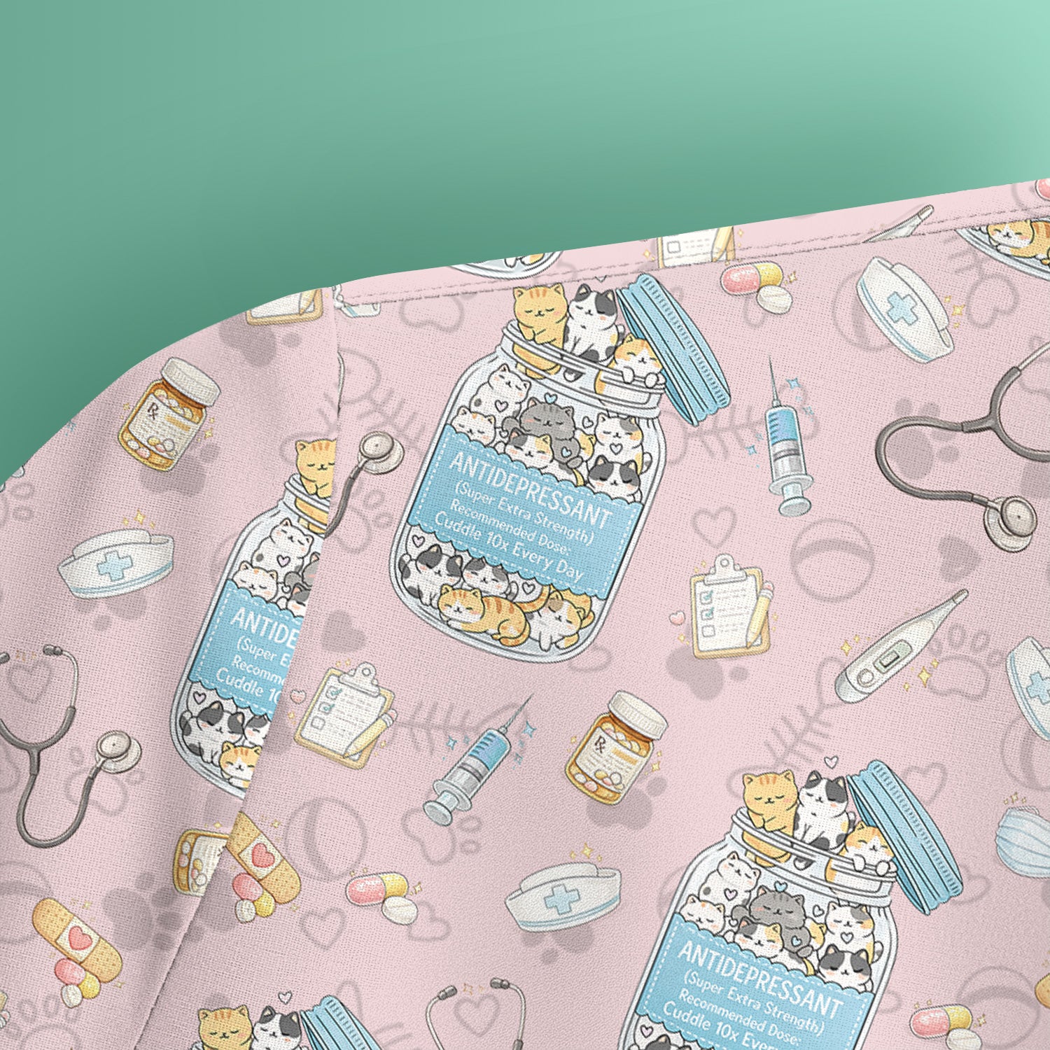 Cute Antidepressant Cat Jar Print Nurse Scrub Top, Breathable Fabrics Nursing Uniform