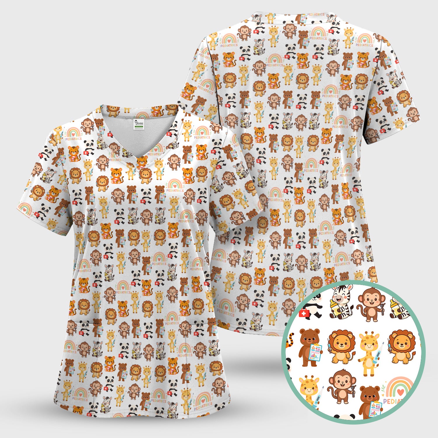 Funny Animal Nurse Scrub - Cute Zoo & Safari Animals Pattern Design - Gift for PEDS RN LPN