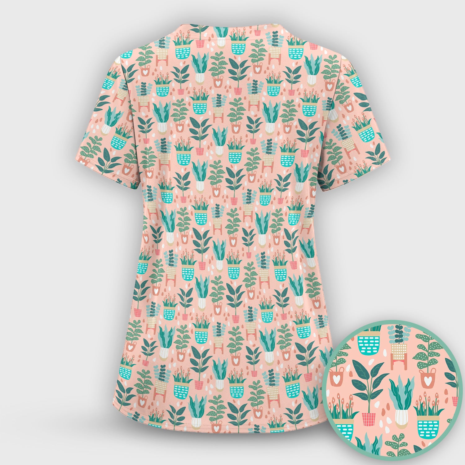 Potted Houseplant Leaves Pattern Scrub Top, Comfortable Scrubs for Nurses