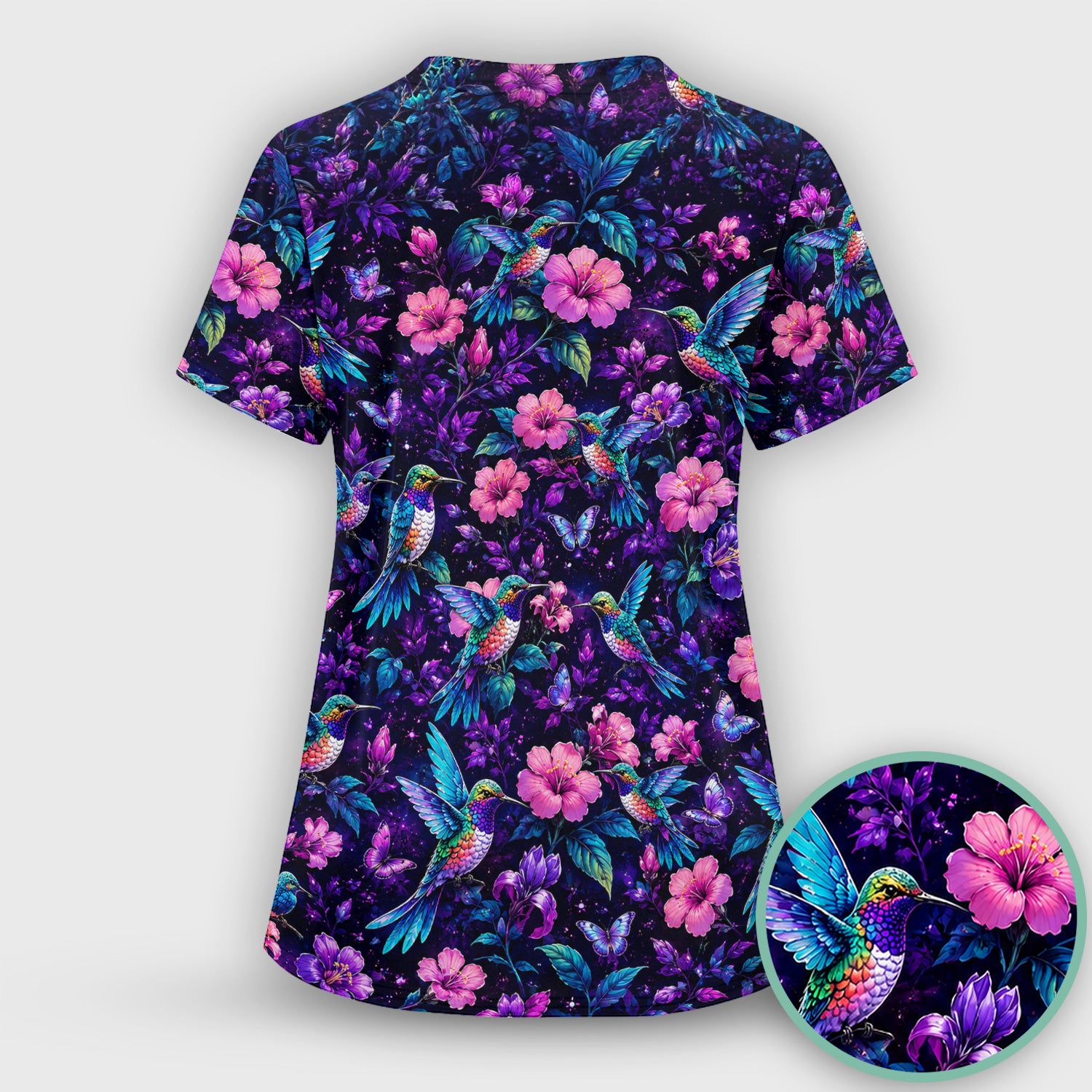 Vibrant Hummingbird Hibiscus Blossom Pattern Scrub Set, Scrub Pants and V Neck Top