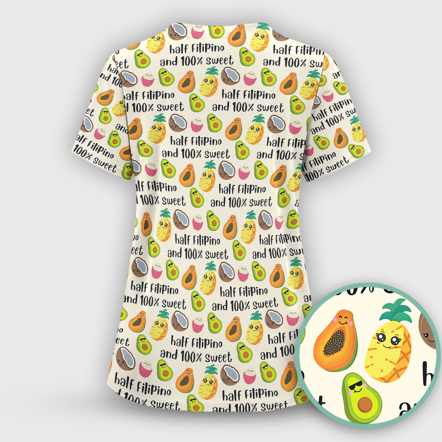 Playful Avocado Fruit Print Filipino Quote Scrub Top, Breathable Fabrics Nursing Uniform