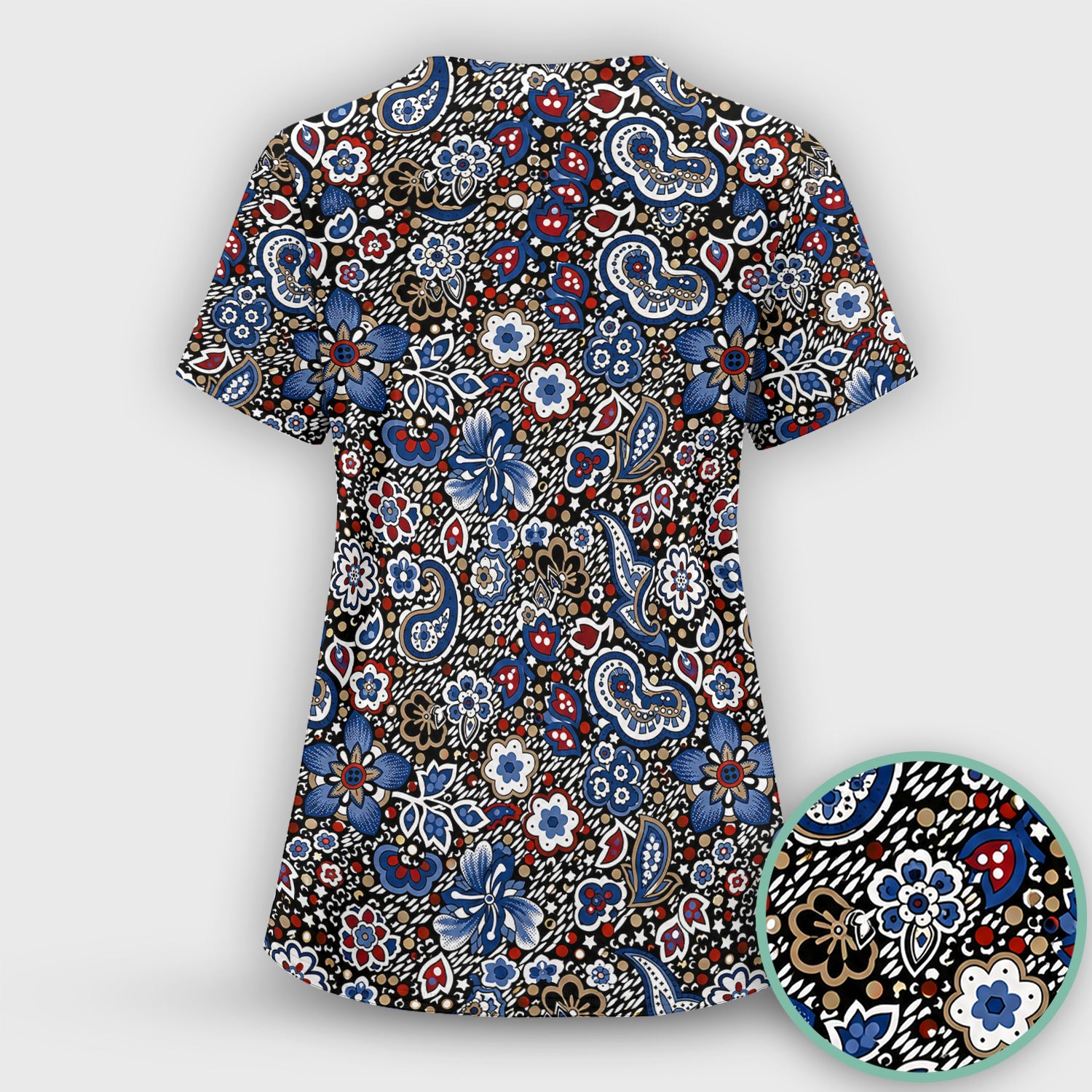 Classic Paisley Floral Pattern Scrub Top, Comfortable Scrubs for Nurses