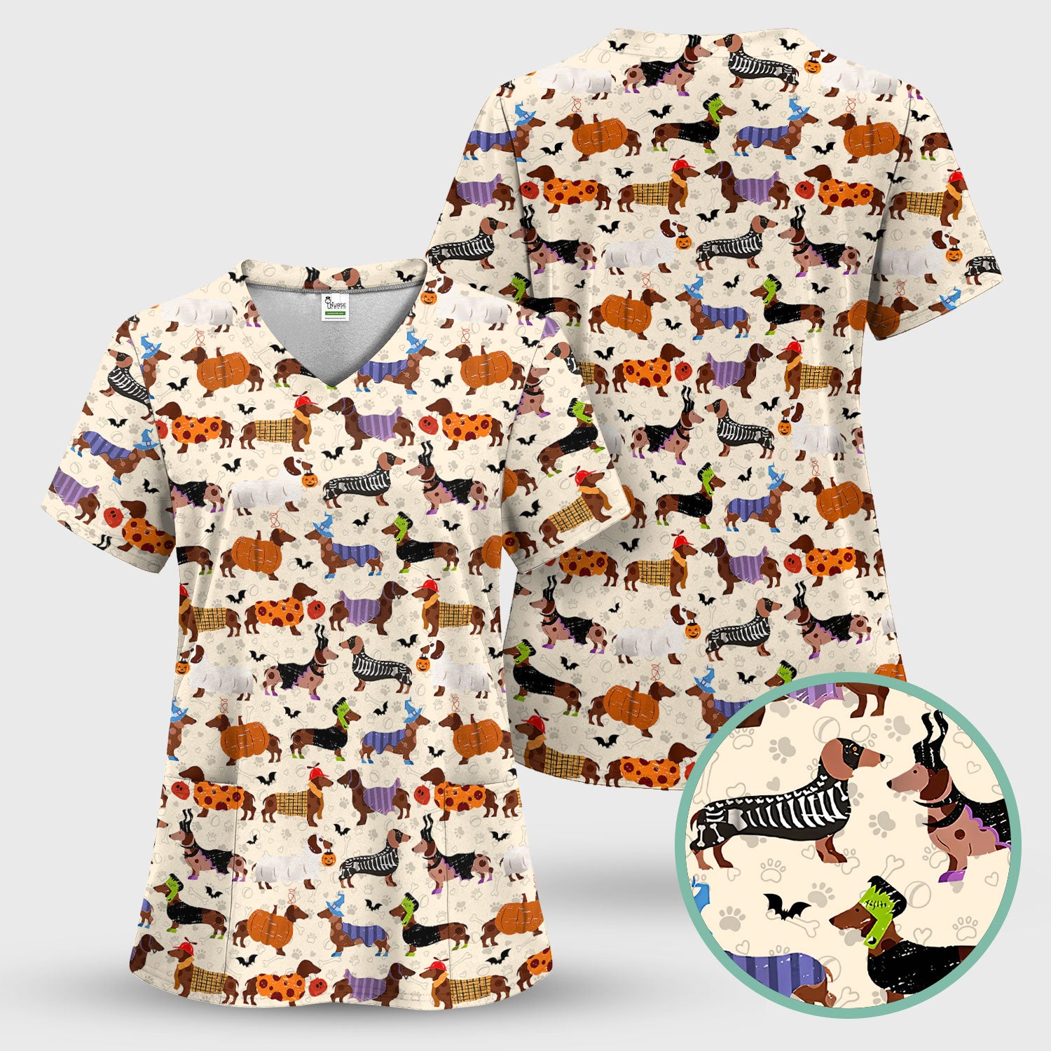 Halloween Dachshund Scrub Top for Women - Funny Pumpkin Skeleton Nursing Uniform RN LPN CNA Gift - Cute Sausage Dog Print Medical Shirt