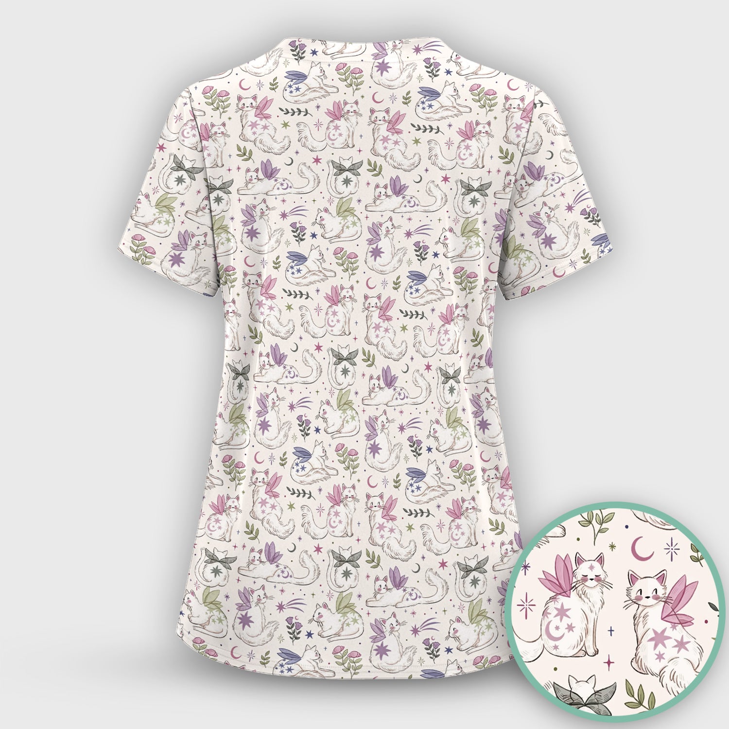 Cute Fairy Cat Moon Star Floral Pattern Scrub Top, Comfortable Scrubs for Nurses