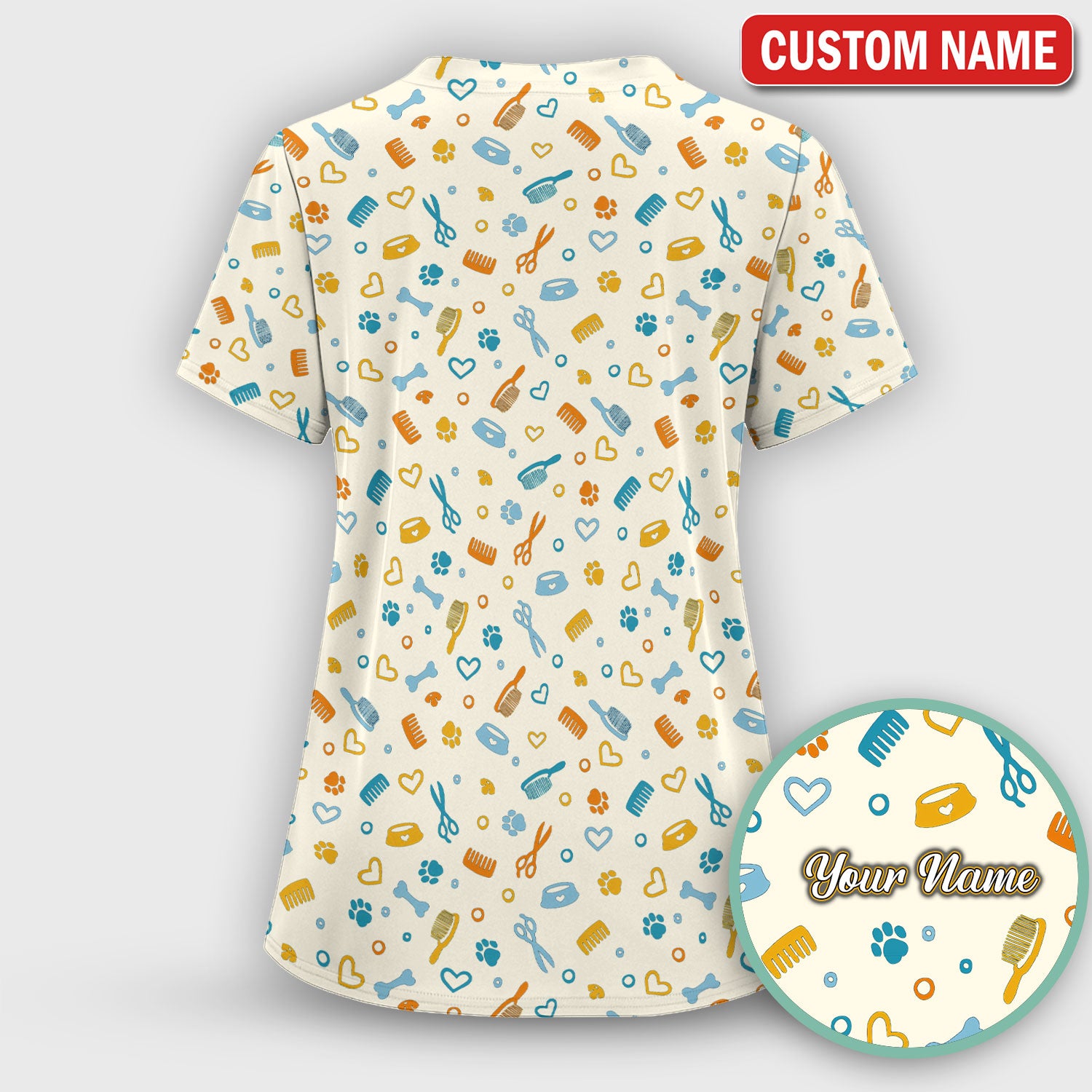 Custom Name Dog Cat Grooming Pattern Scrub Top, Breathable Fabrics Nursing Uniform