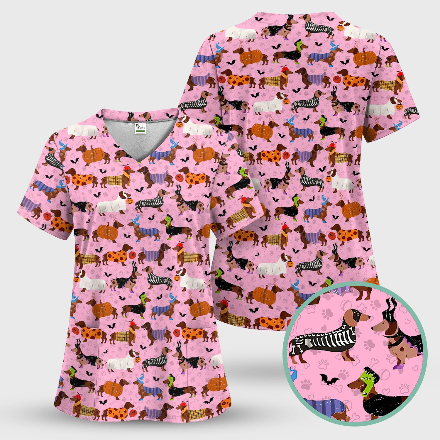 Halloween Dachshund Scrub Top for Women - Funny Pumpkin Skeleton Nursing Uniform RN LPN CNA Gift - Cute Sausage Dog Print Medical Shirt