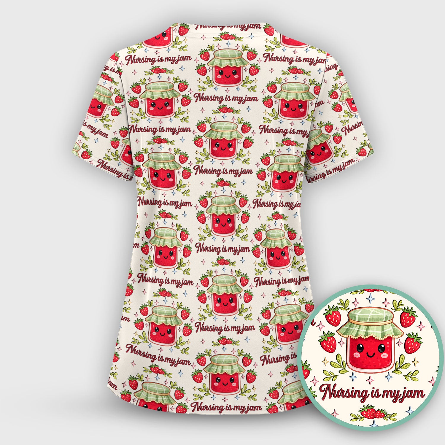 Cute Strawberry Jam Nurse Pattern Scrub Set, Breathable Med Uniform