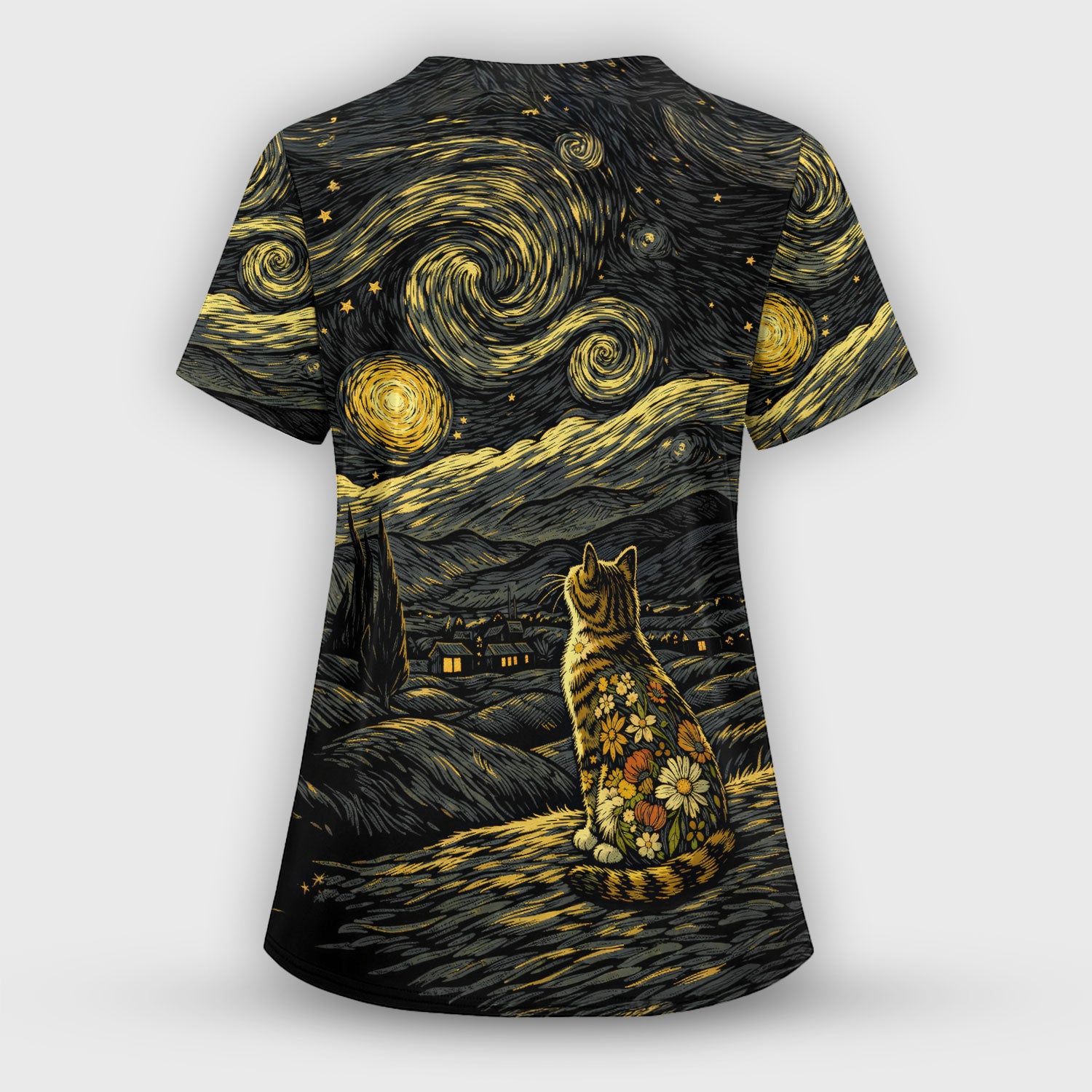 Galaxy Night Sky Cat With Flowers Print Scrub Set, Breathable Med Uniform