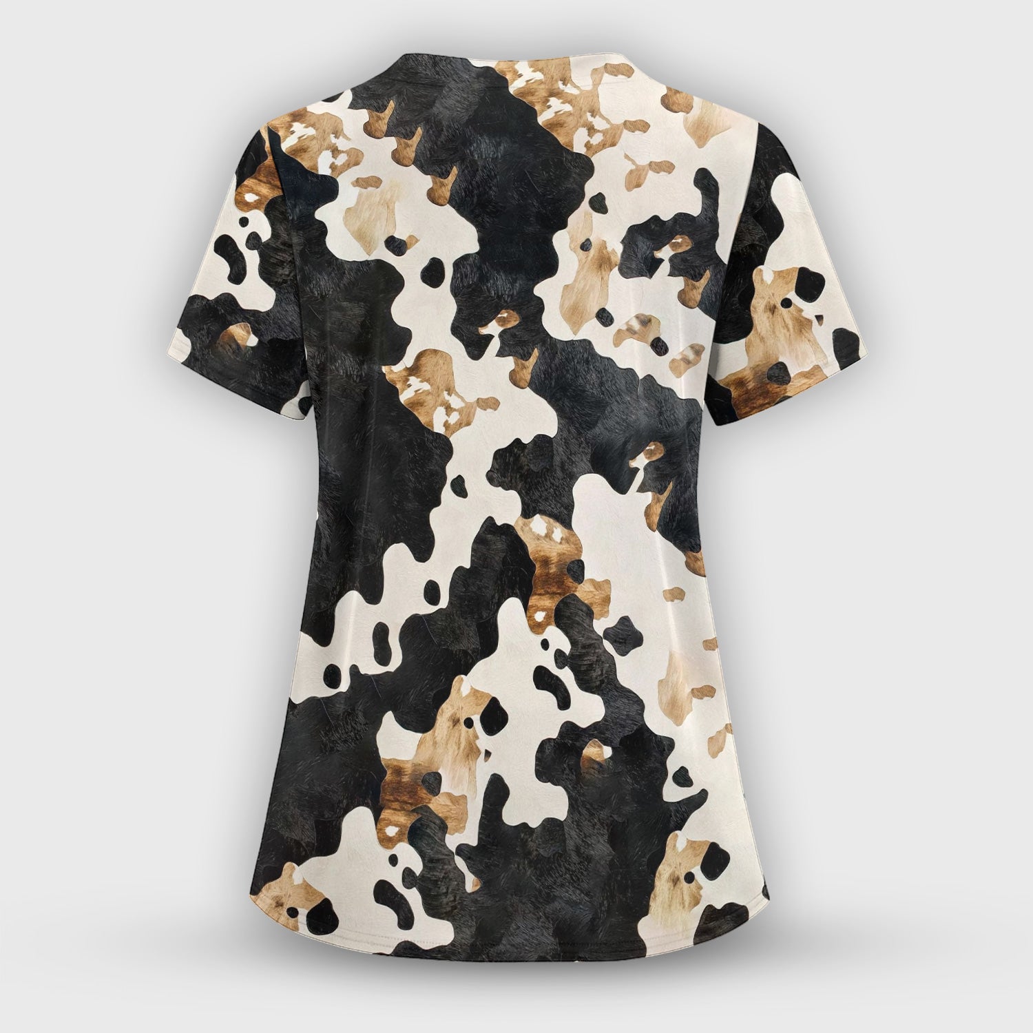 Classic Cow Print Pattern Scrub Top, Breathable Fabrics Nursing Uniform