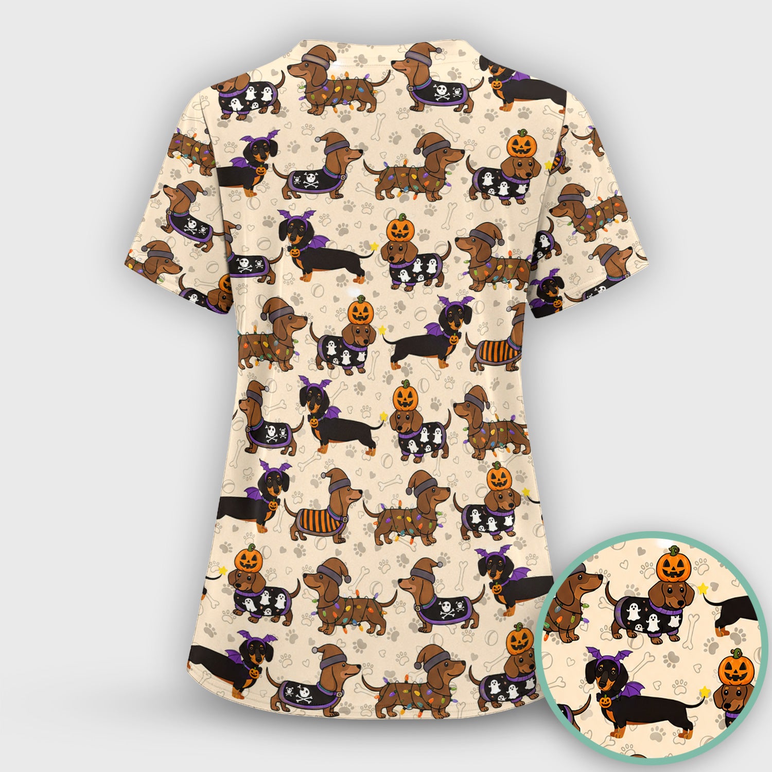Halloween Dachshund with Pumpkin Ghost Print Scrub Top, Comfortable Scrubs for Nurses
