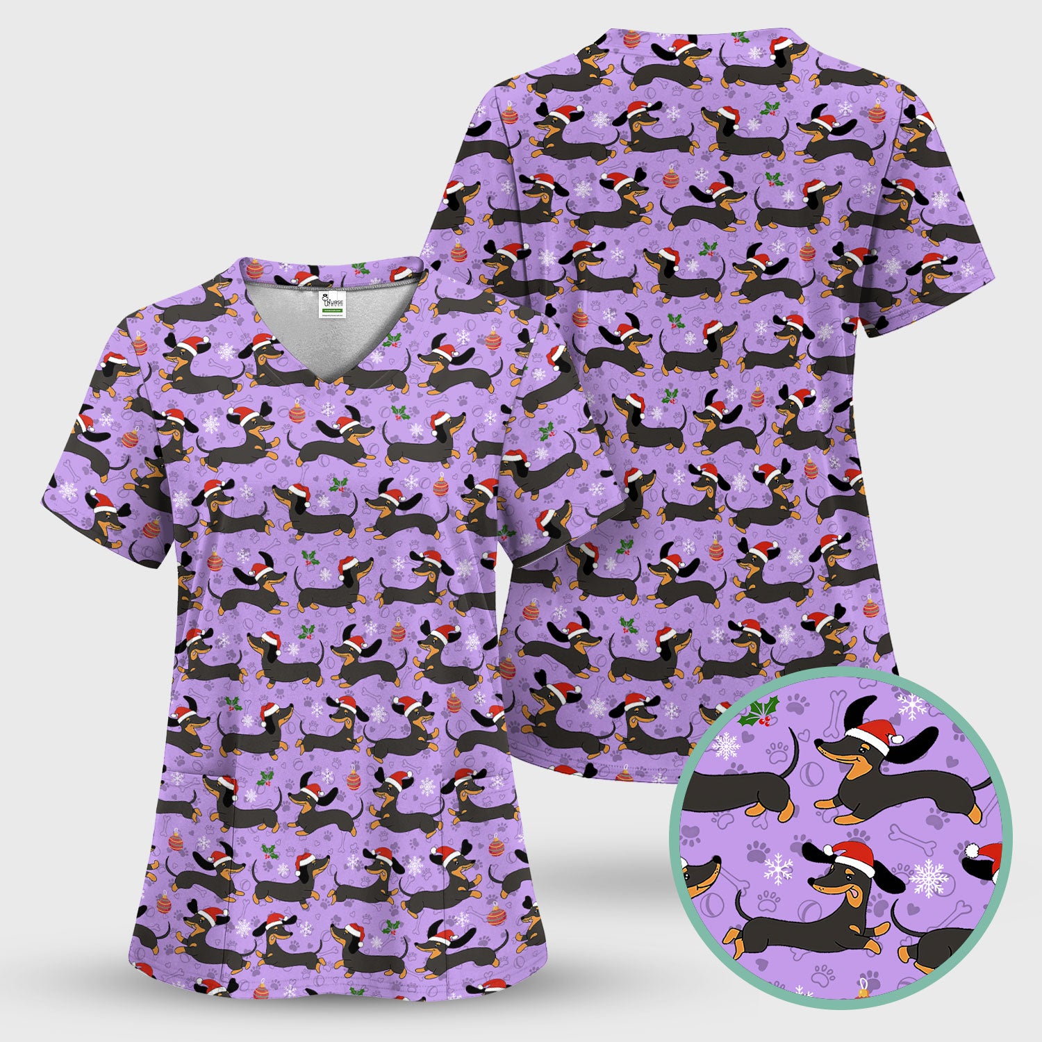 Holiday Dachshund Scrub Top - Cute Wiener Dog Santa Hat Nurse Shirt - Funny Christmas Medical Uniform RN LPN CNA Gift for Women