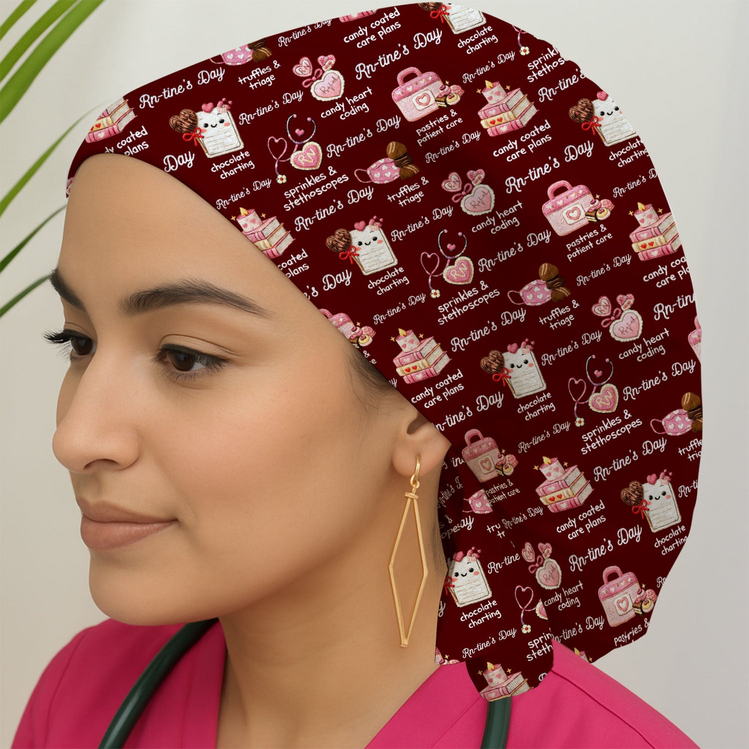 RN Sweets Valentine Stethoscope Pattern Scrub Cap, Surgical Caps for Doctors