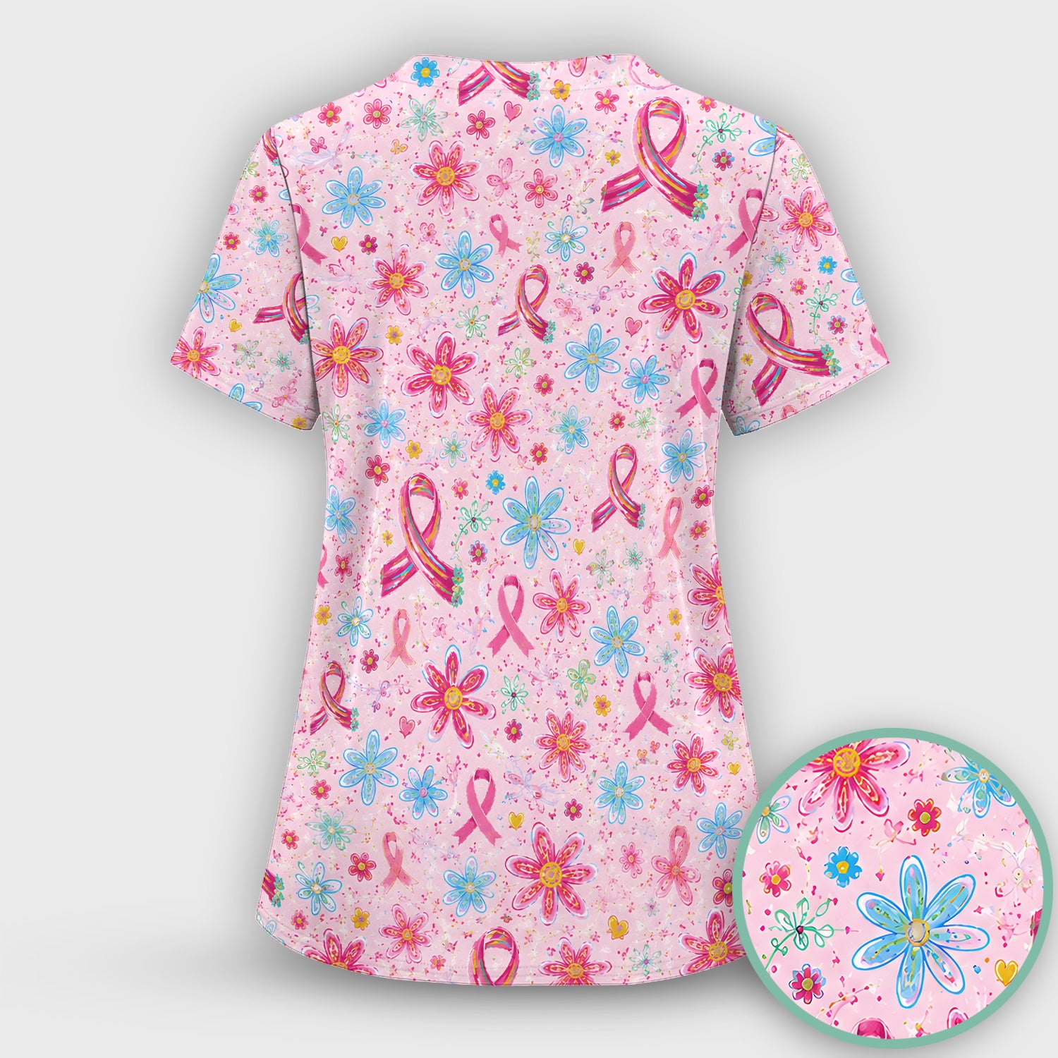 Floral Breast Cancer Awareness Print Scrub Set, Scrub Pants and V Neck Top