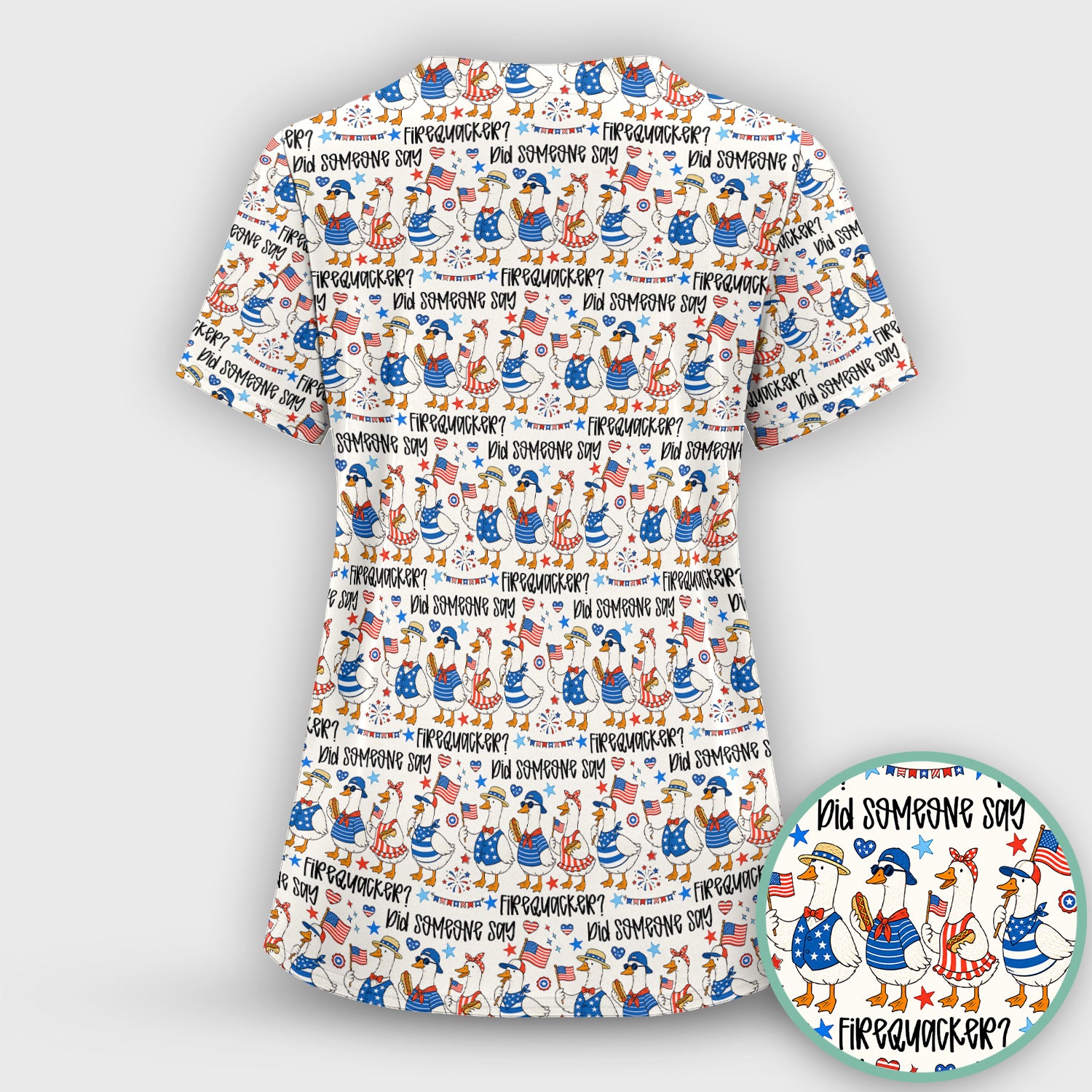 Funny Patriotic Goose Pattern Scrub Set, Scrub Pants and V Neck Top