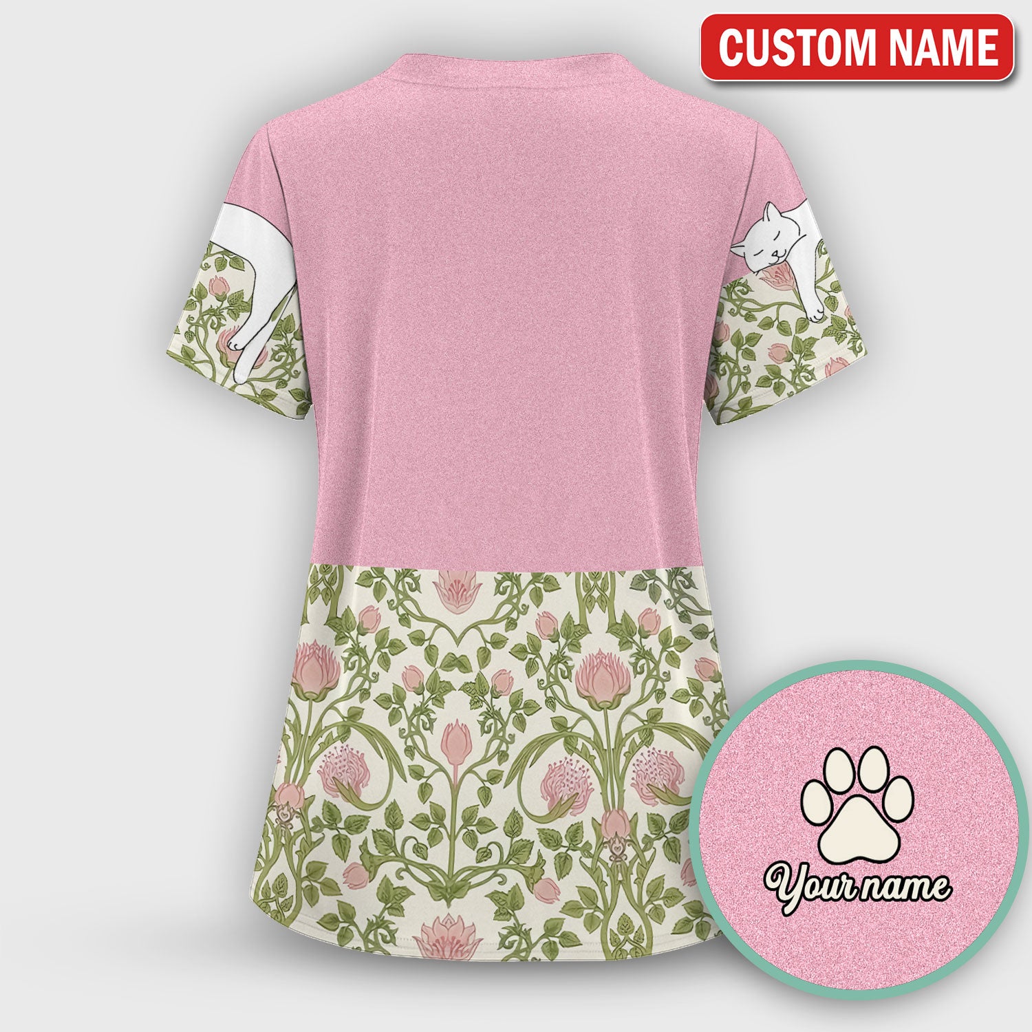Personalized Cat Nurse Scrub Set, Custom Name Floral Scrub Shirt For Women, Breathable Fabrics Nursing Uniform