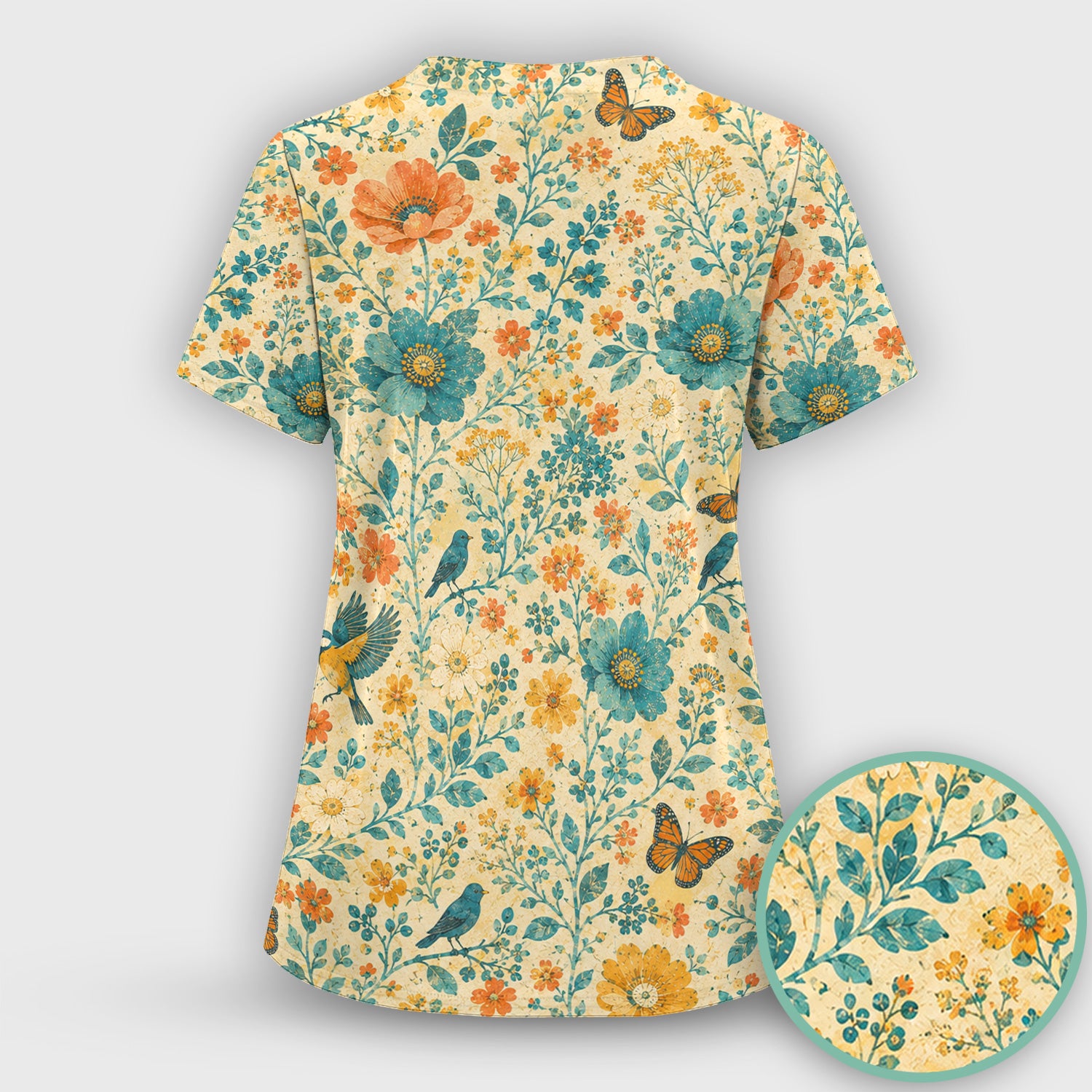 Vintage Floral Bird Butterfly Pattern Scrub Set, Scrub Pants and V Neck Top