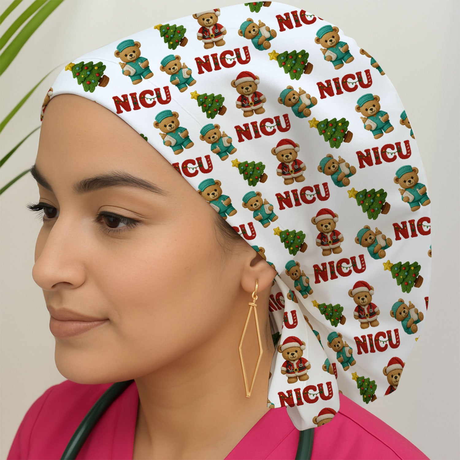 Festive Christmas NICU Nurse Teddy Bear Pattern Print Cap, Bouffant Scrub Caps for Women