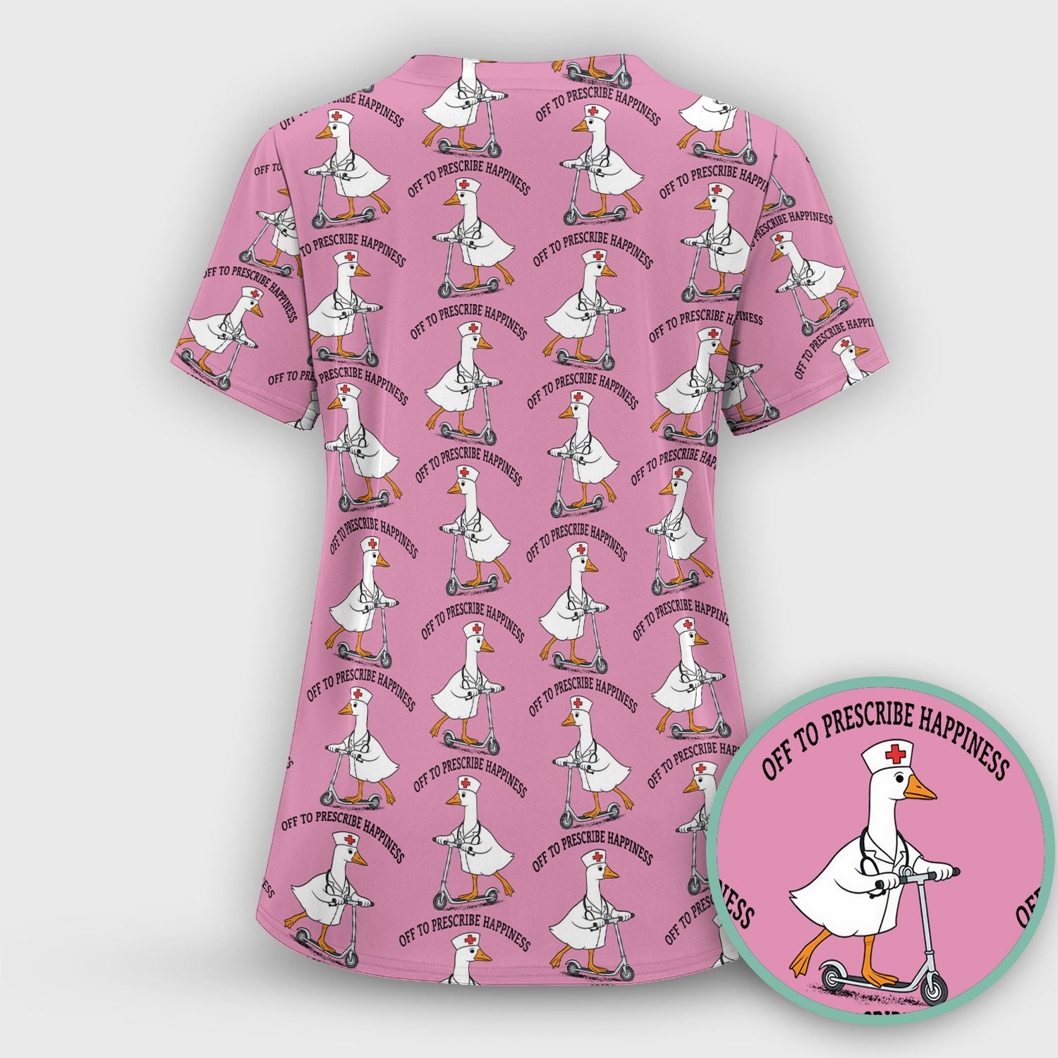 Nurse Goose Scooter Print Scrub Top, Breathable Fabrics Nursing Uniform
