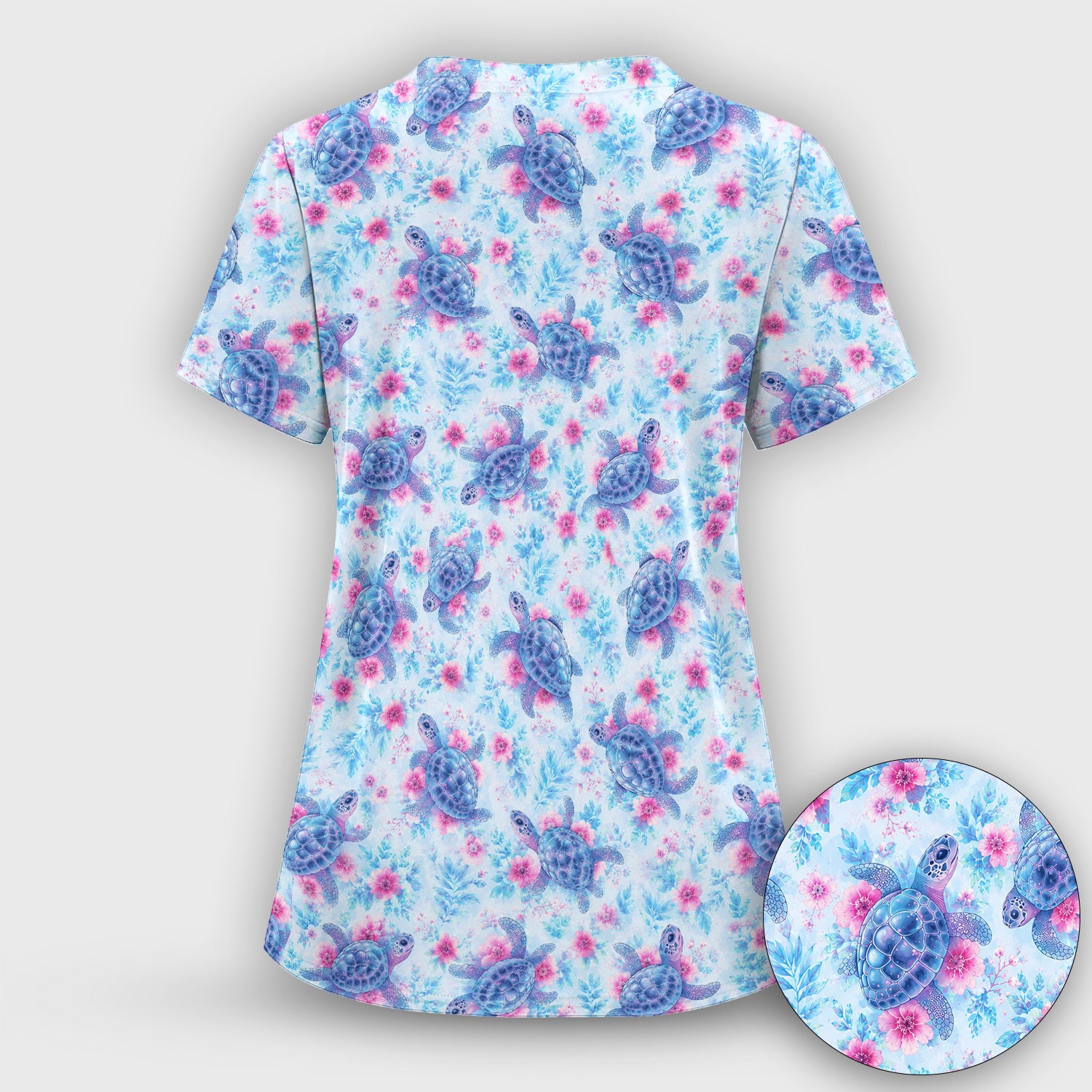 Cute Sea Turtle Floral Print Scrub Top, Comfortable Scrubs for Nurses