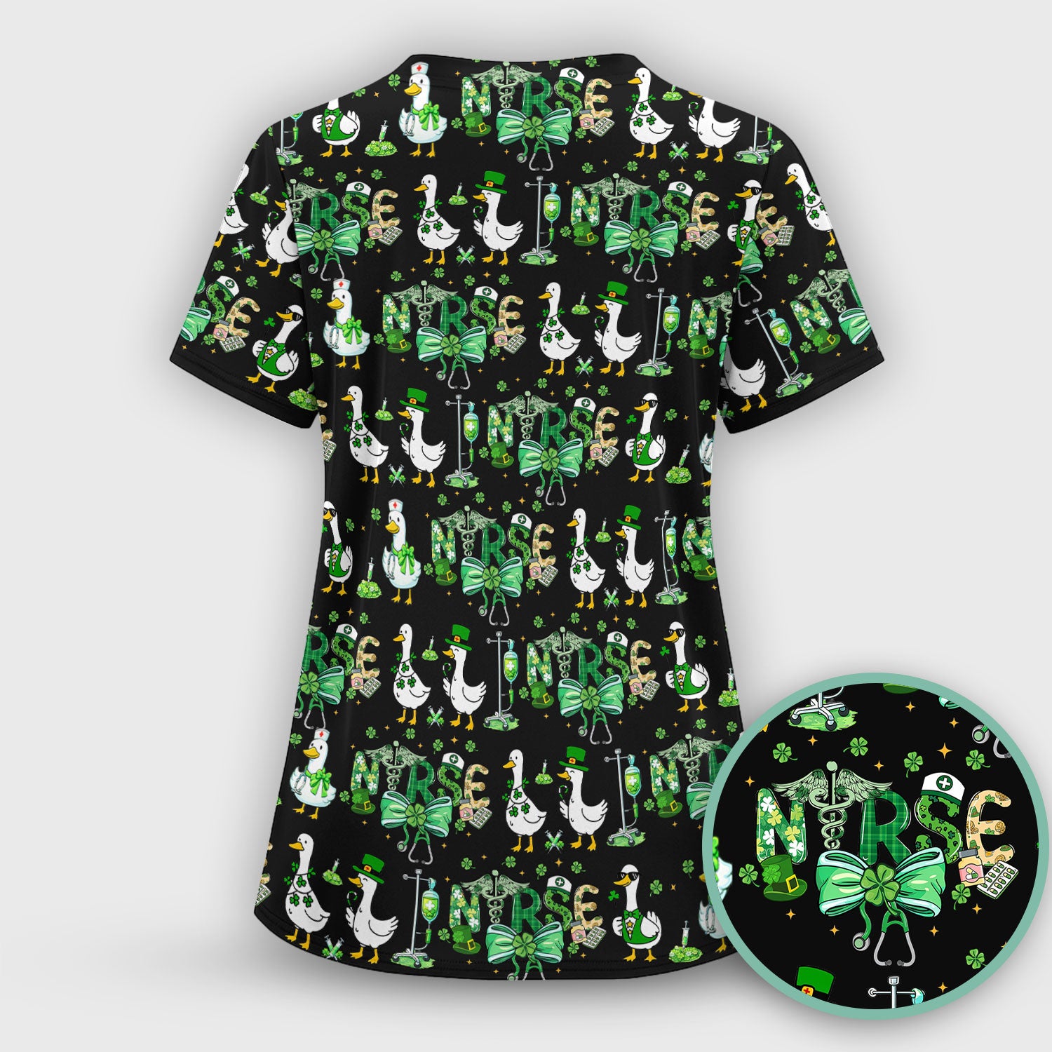 Funny Goose Nurse Shamrock Scrub Set, St. Patrick’s Day Nurse Pattern Shirt, Breathable Fabrics Nursing Uniform