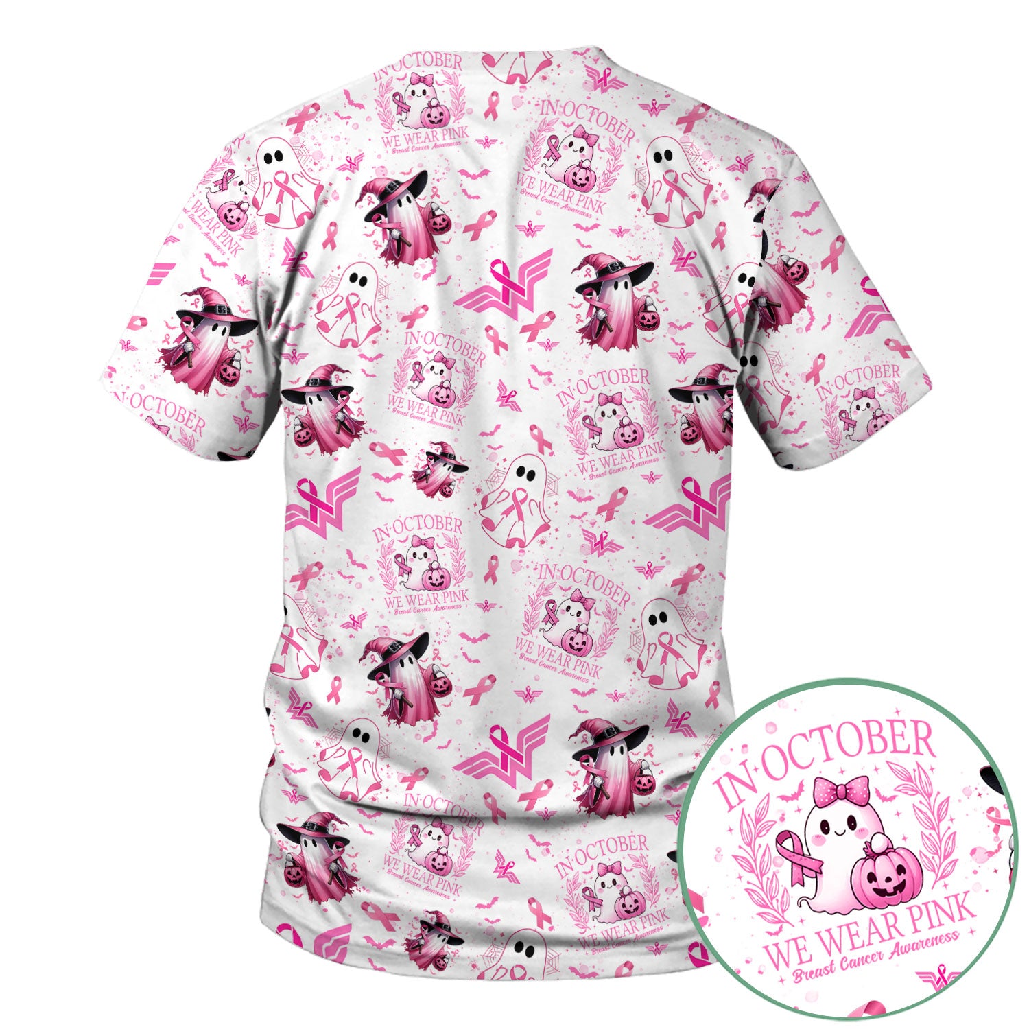 Pink Halloween Scrub Top for Nurses - In October We Wear Pink Breast Cancer Awareness Shirt - Cute Ghost Witch Gift for RN CNA LPN