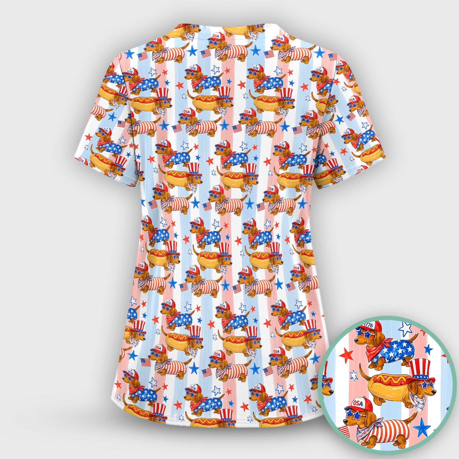 Fourth Of July Dachshund Pattern Scrub Top, Comfortable Scrubs for Nurses