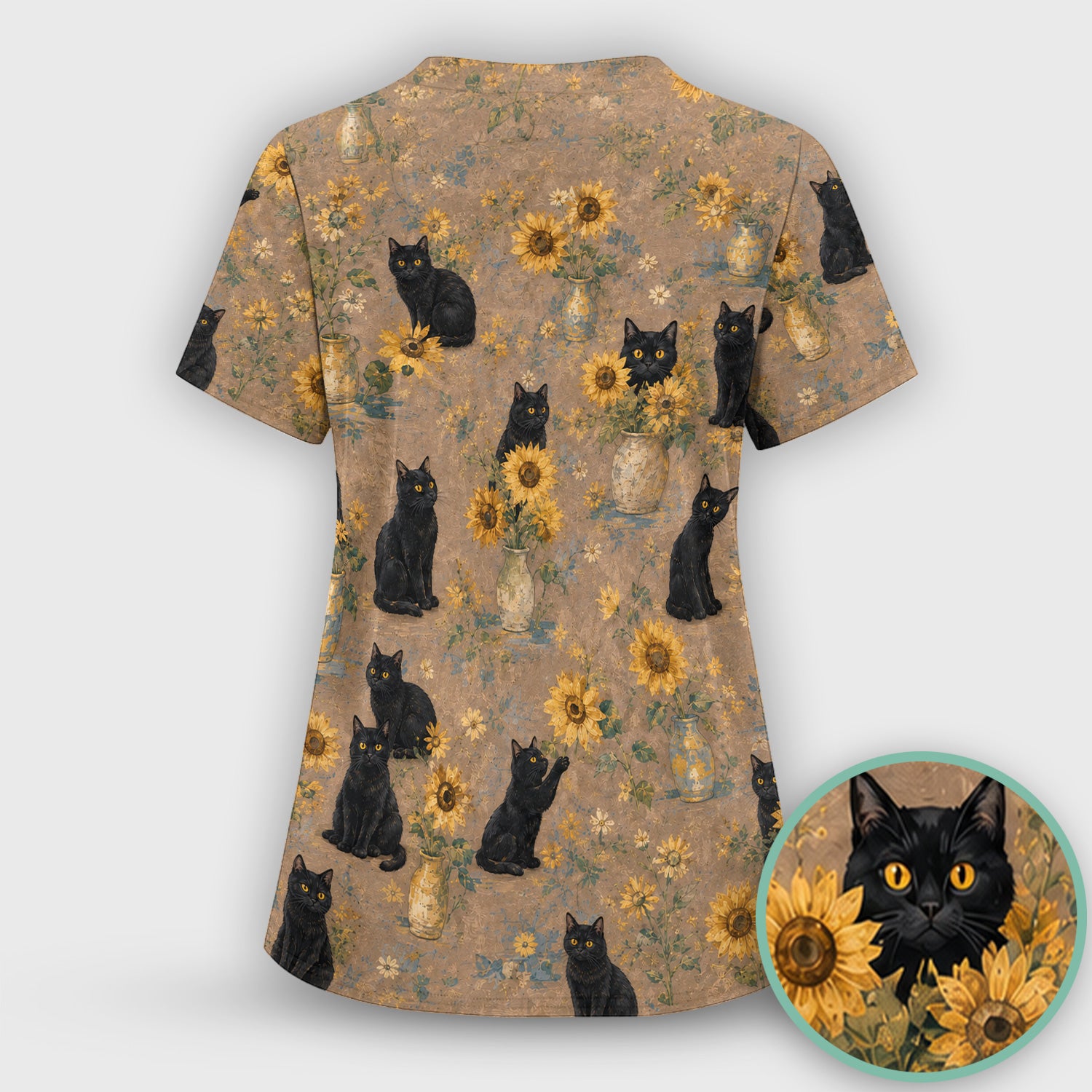 Rustic Sunflower Black Cat Print Scrub Top, Comfortable Scrubs for Nurses