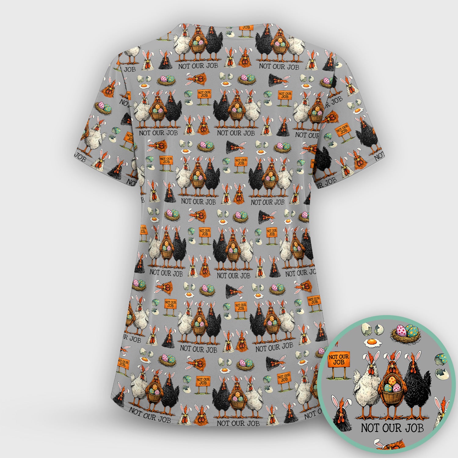 Funny Easter Chicken Humor Pattern Scrub Top, Comfortable Scrubs for Nurses