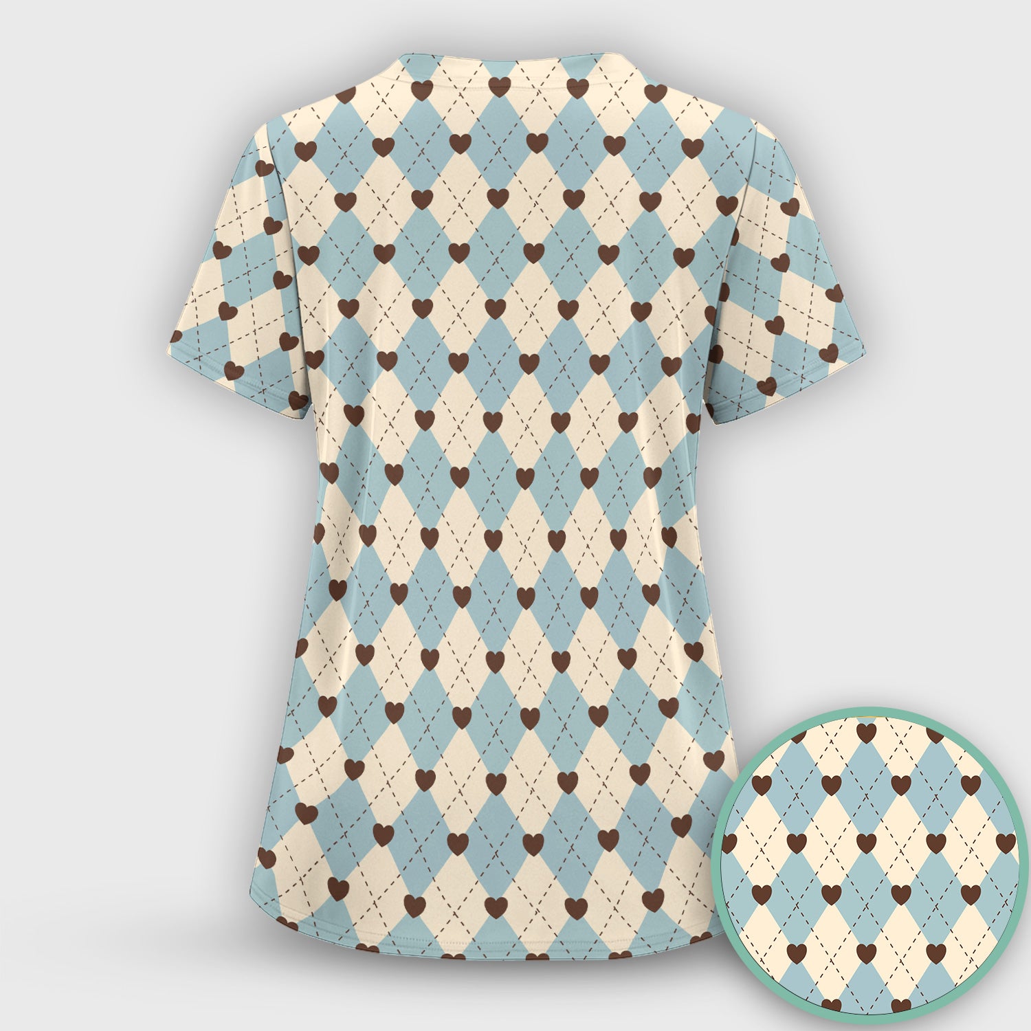 Plaid Heart Pattern Scrubs Sets, Scrub Pants and V Neck Top