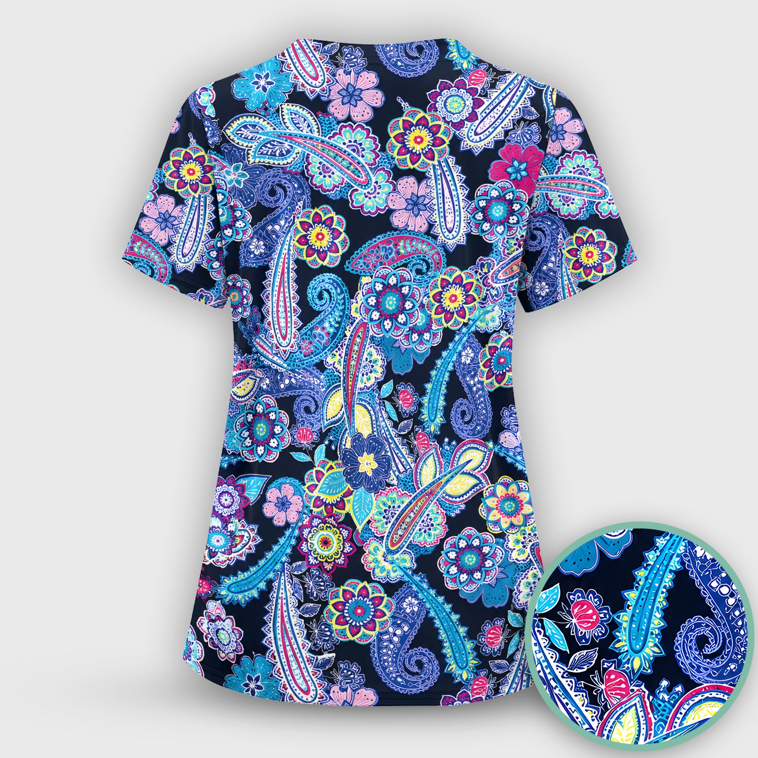 Vibrant Paisley Floral Pattern Scrub Set, Scrub Pants and V Neck Top
