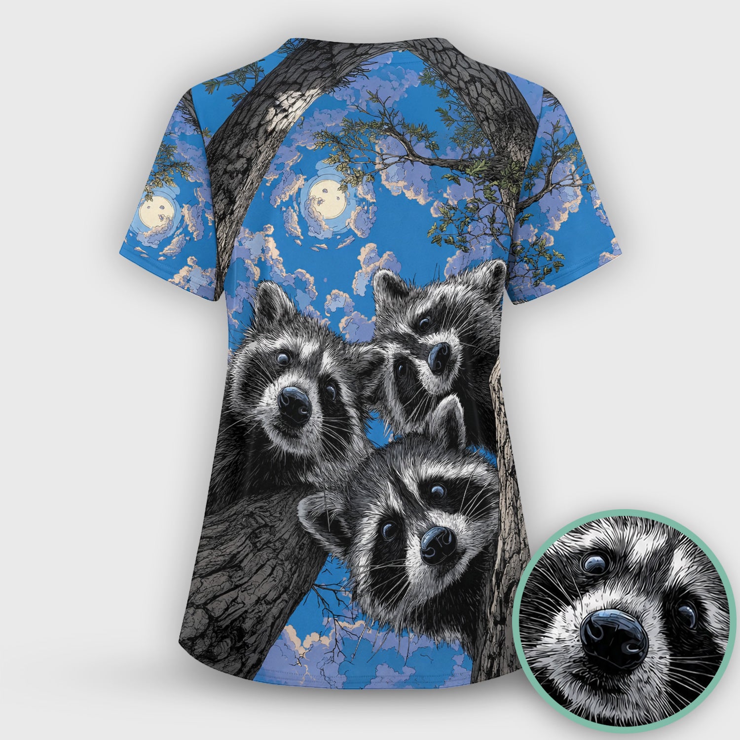 Cute Raccoon Tree Veterinary Pattern Scrub Set, Scrub Pants and V Neck Top