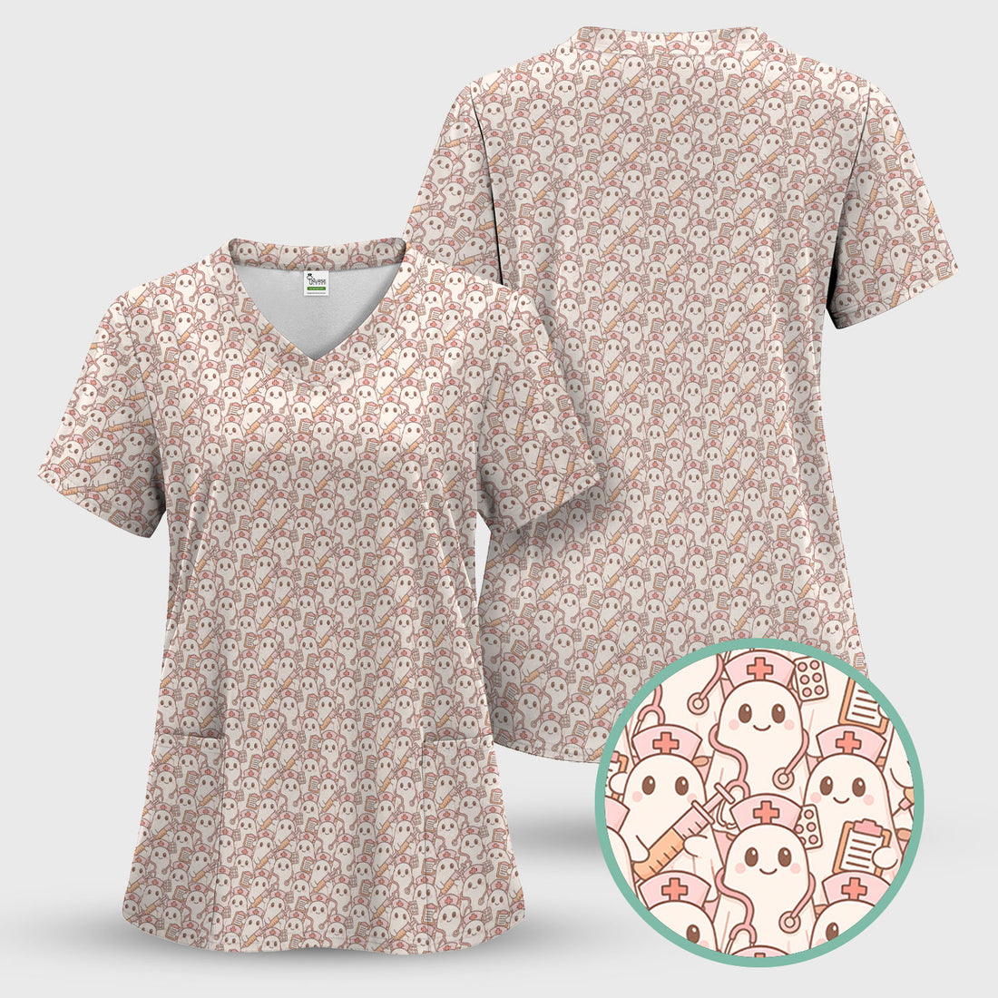 Funny Halloween Nurse Scrub - Kawaii Cartoon Ghost & Medical Design - Gift for Women RN LPN & Pediatric Nurses