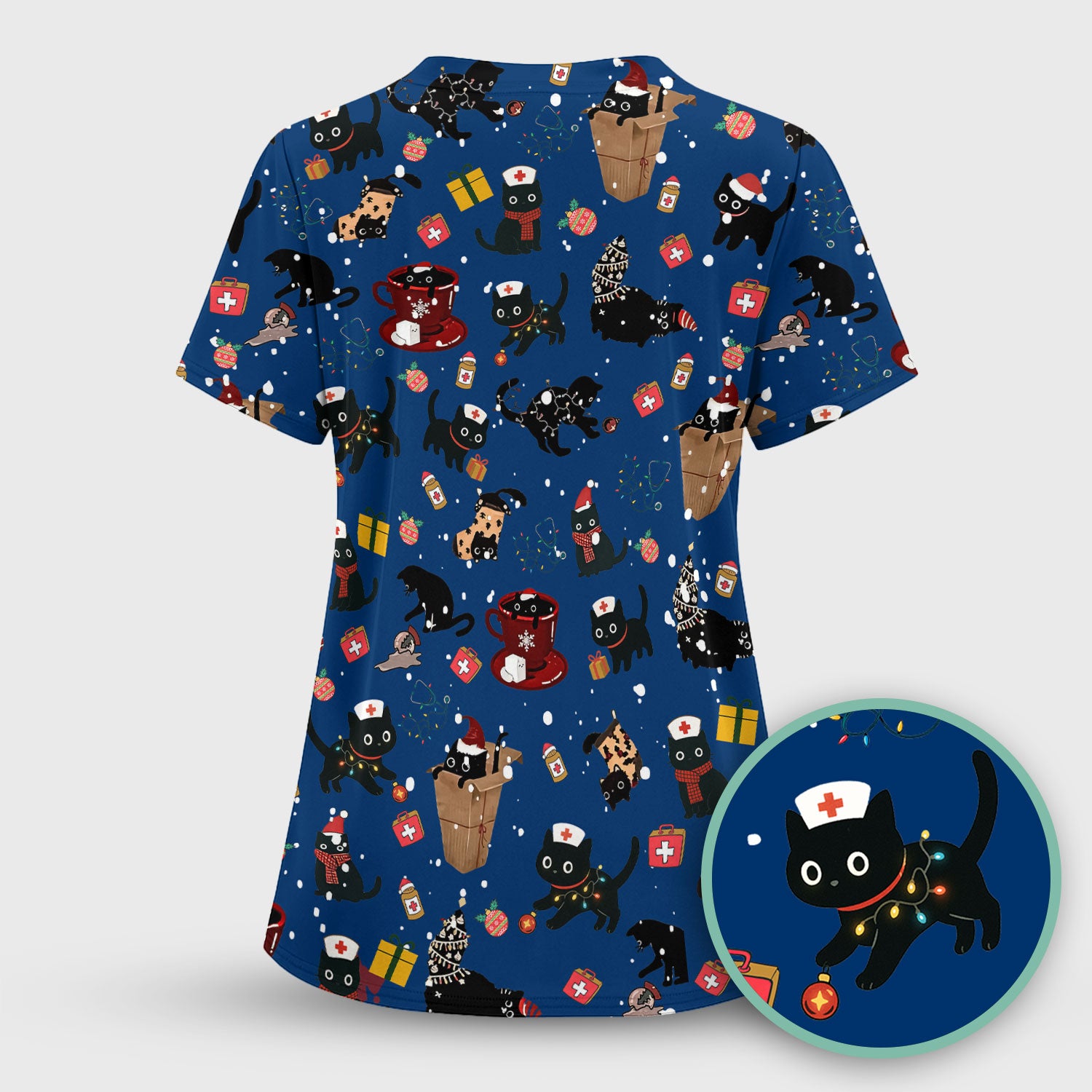 Funny Cat Scrub for Women - Christmas Black Cats Comfortable Scrubs for Nurses - Breathable Fabrics Nursing Uniform