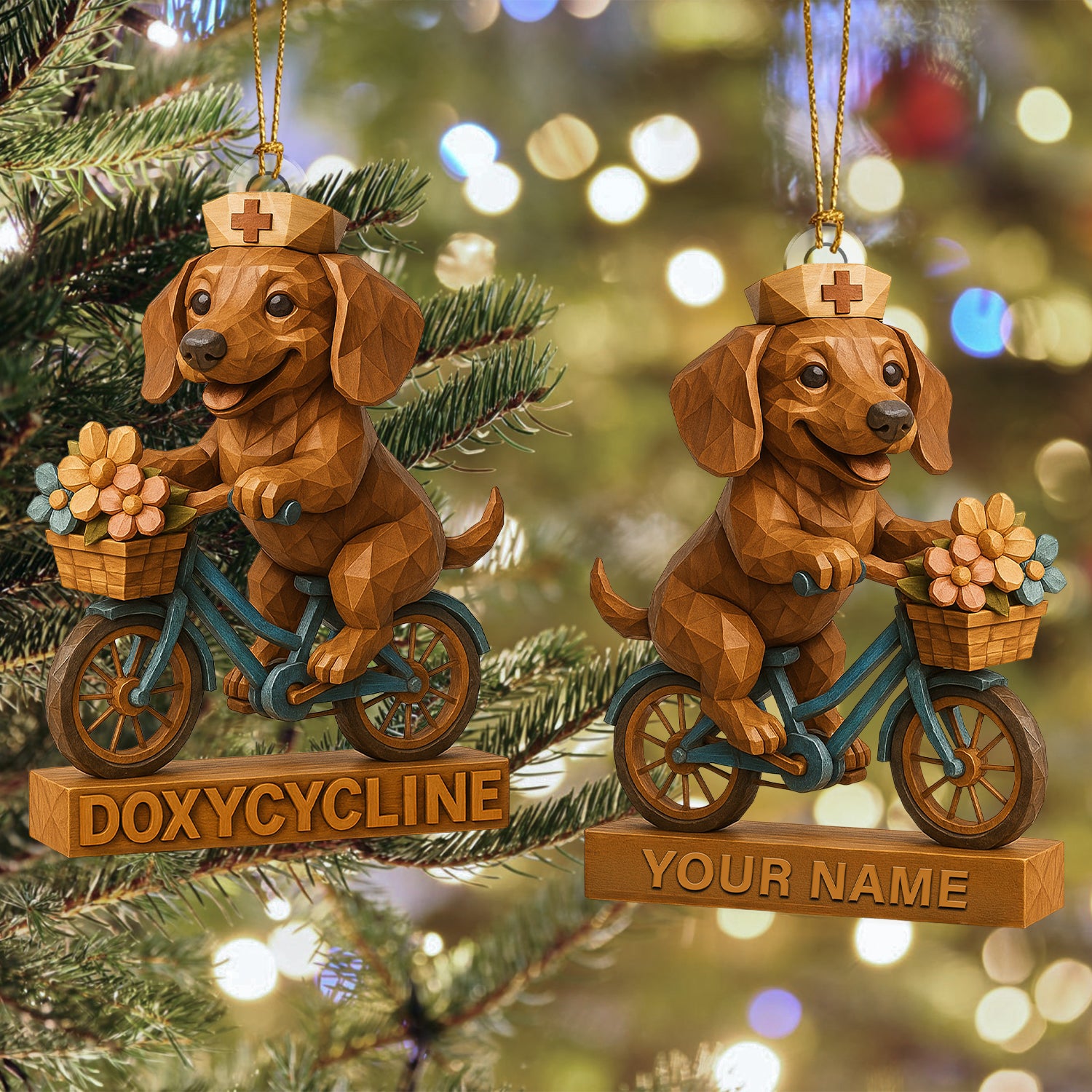 Personalized Dog Cycling Christmas Decor, Custom Name Dachshund Nurse Ornament, Nursing Gift For Dog Lovers
