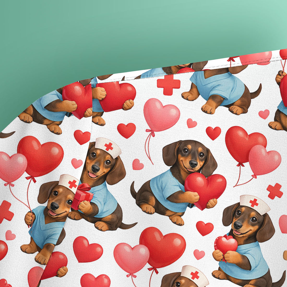 Dachshund Valentine Nurse Scrub Top, Cute  Wiener Dog Medical Pattern Shirt, Breathable Fabrics Nursing Uniform
