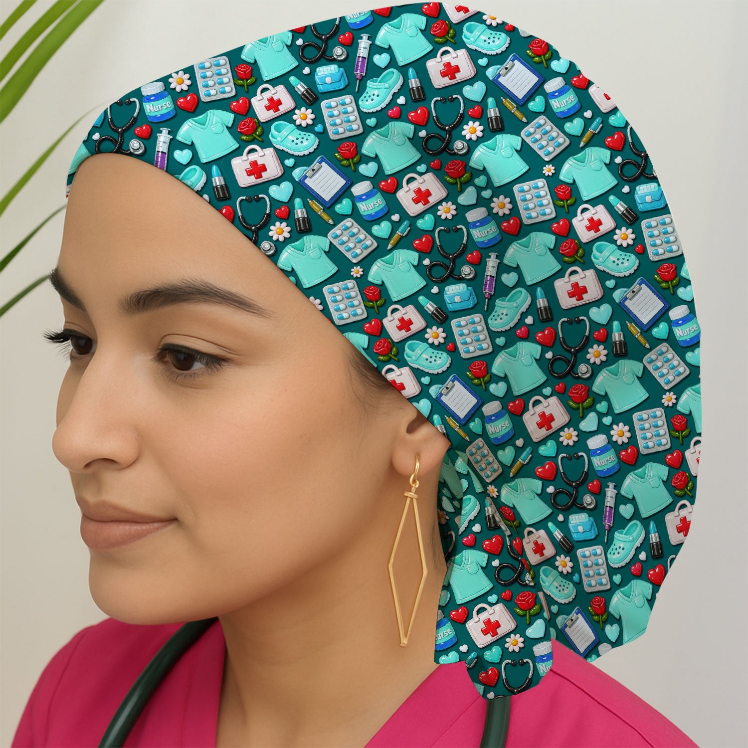 Medical Icons Scrub Cap, Cute Pattern Nurse Hat, Breathable Fabrics Nursing Uniform